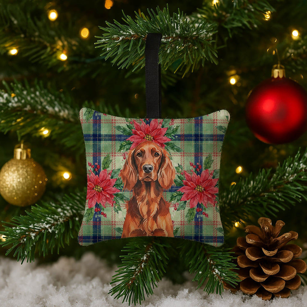 Irish Setter Christmas PoinsettIas Hanging Square Fabric Ornament 3.5 � 3.5 Decorative Door-Knob & Tree Hanger, Soft Fabric