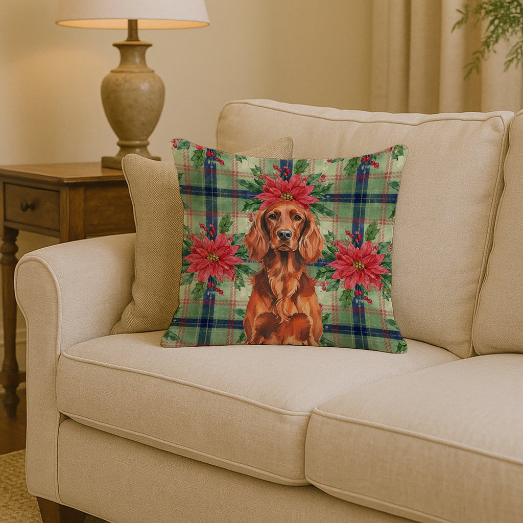 Irish Setter Christmas PoinsettIas Decorative Throw Pillow 14x14 Indoor Outdoor Accent Cushion, Fabric Cover with Insert for Sofa, Bed, Porch & Living Room