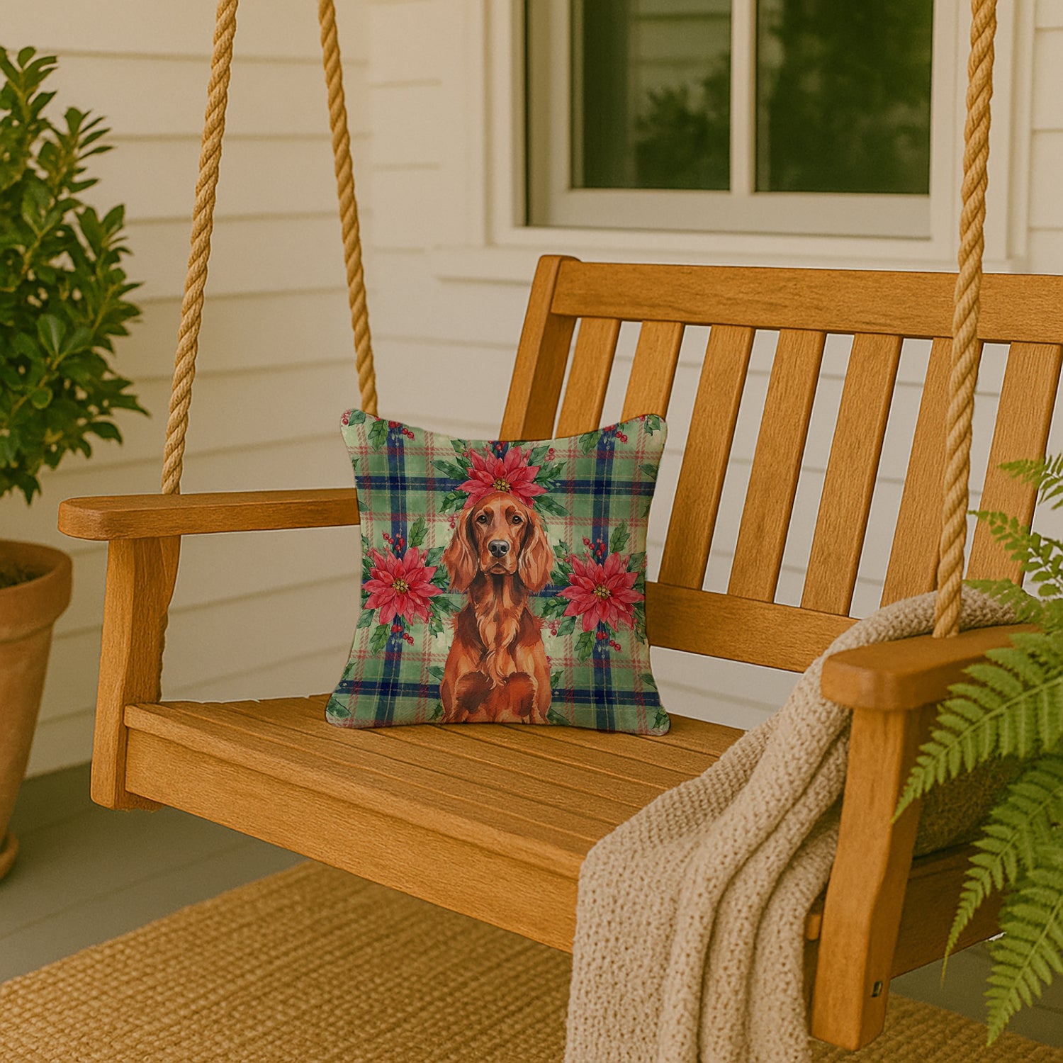 Irish Setter Christmas PoinsettIas Decorative Throw Pillow 14x14 Indoor Outdoor Accent Cushion, Fabric Cover with Insert for Sofa, Bed, Porch & Living Room