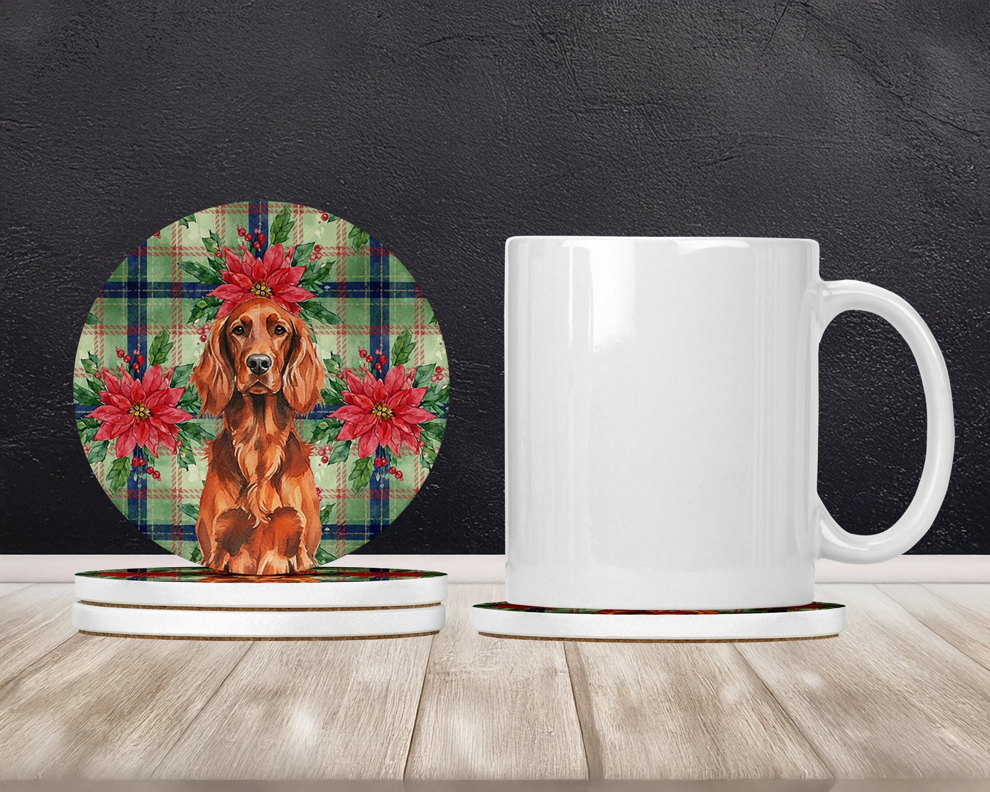 Irish Setter Christmas PoinsettIas Large Sandstone Coasters Pack of 4 Absorbent Round Coasters Decor Gifts for Men or Women, 4 in, Multicolor
