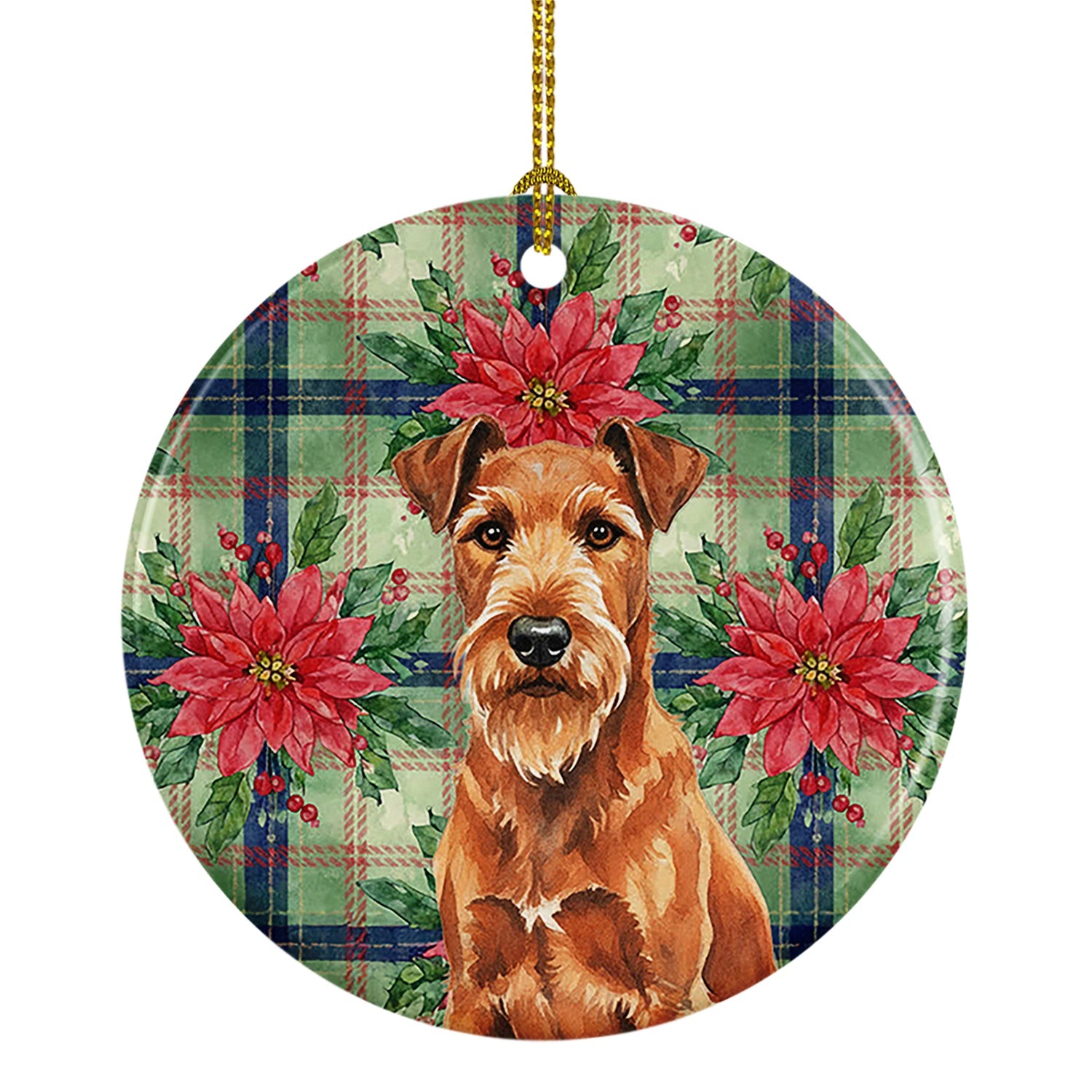 Irish Terrier Christmas PoinsettIas Ceramic Ornament Christmas Tree Hanging Decorations for Home Christmas Holiday, Party, Gift, 3 in, Multicolor