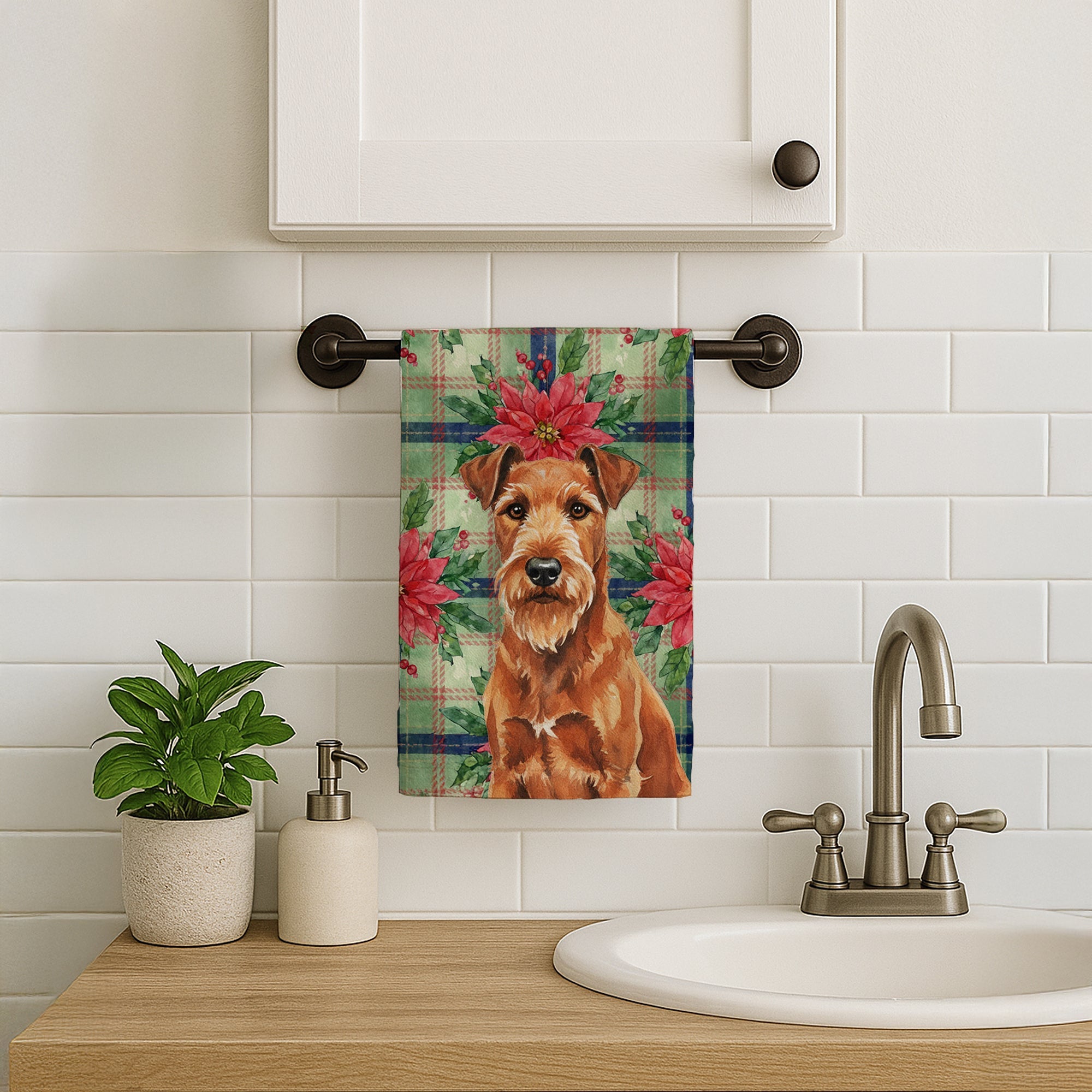 Irish Terrier Christmas PoinsettIas Kitchen Towel Velour Plush Front and Cotton Loop Back Machine Washable