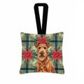 Irish Terrier Christmas PoinsettIas Hanging Square Fabric Ornament 3.5 � 3.5 Decorative Door-Knob & Tree Hanger, Soft Fabric