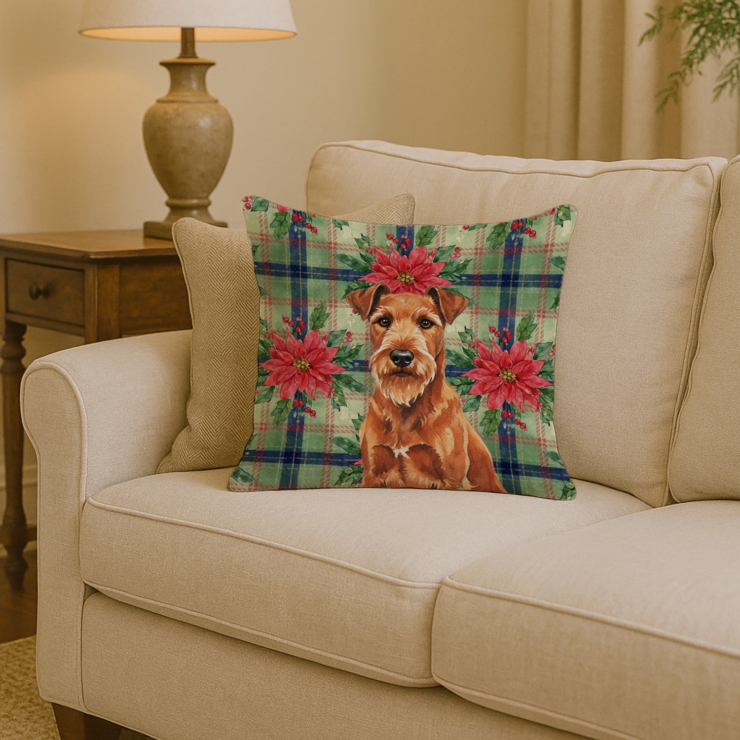 Irish Terrier Christmas PoinsettIas Decorative Throw Pillow 14x14 Indoor Outdoor Accent Cushion, Fabric Cover with Insert for Sofa, Bed, Porch & Living Room
