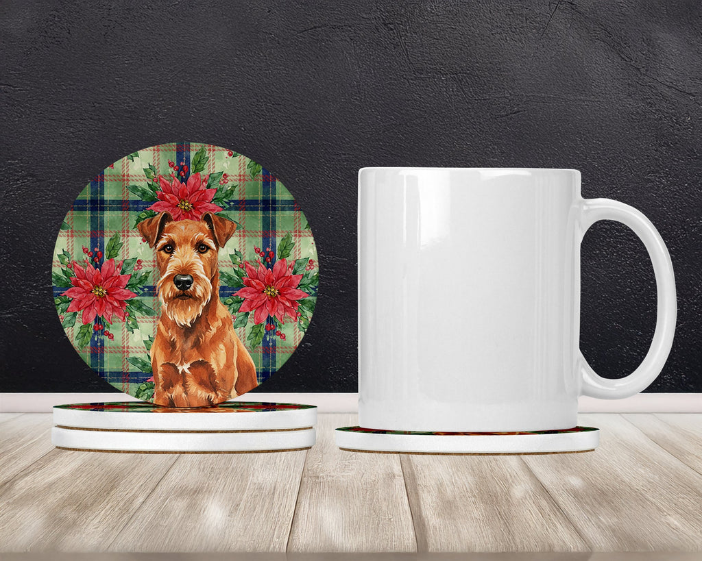 Irish Terrier Christmas PoinsettIas Large Sandstone Coasters Pack of 4 Absorbent Round Coasters Decor Gifts for Men or Women, 4 in, Multicolor