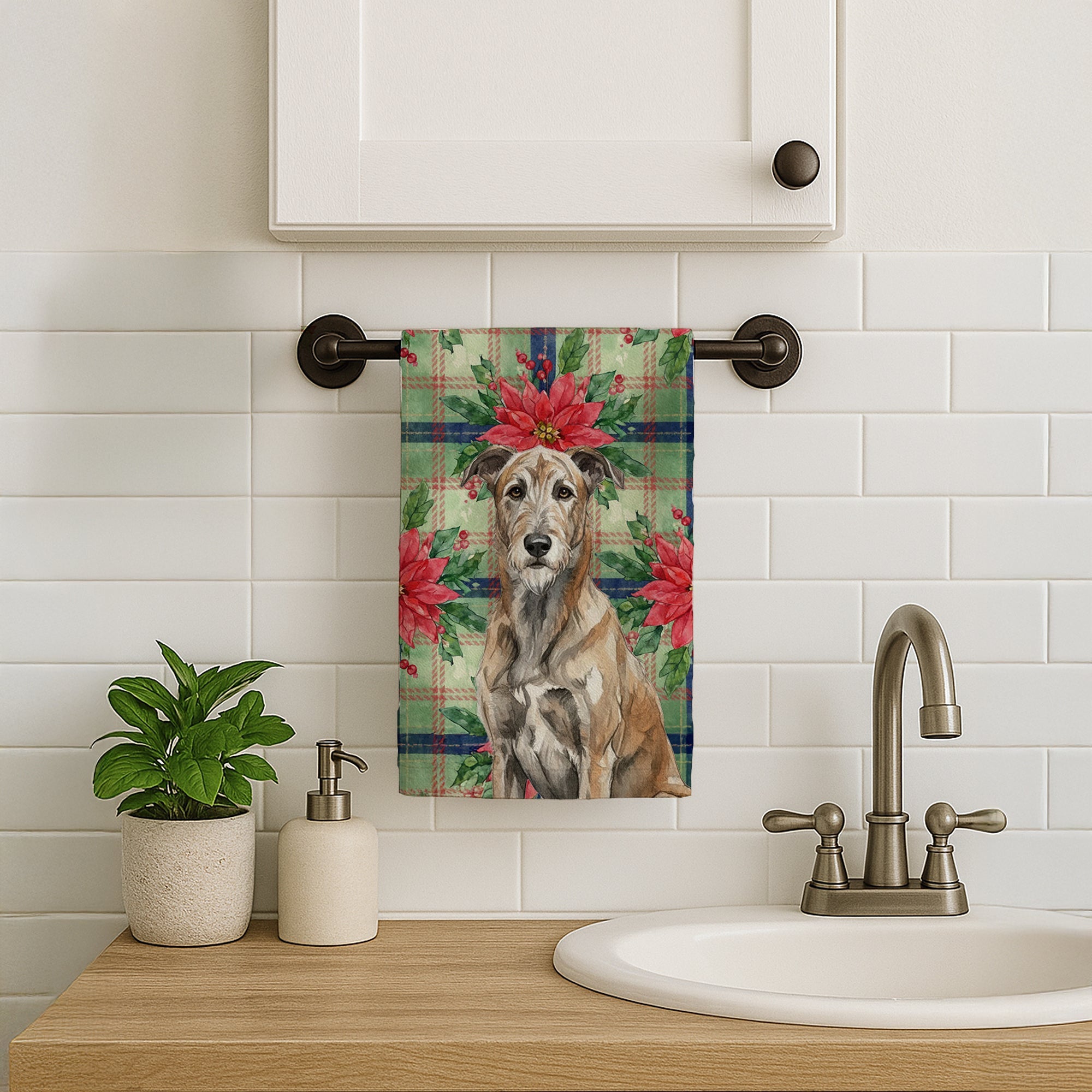 Brindle Irish Wolfhound Christmas PoinsettIas Kitchen Towel Velour Plush Front and Cotton Loop Back Machine Washable