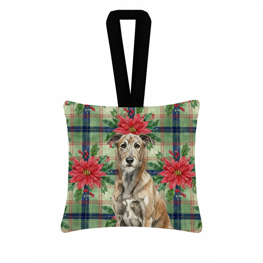 Brindle Irish Wolfhound Christmas PoinsettIas Hanging Square Fabric Ornament 3.5 � 3.5 Decorative Door-Knob & Tree Hanger, Soft Fabric