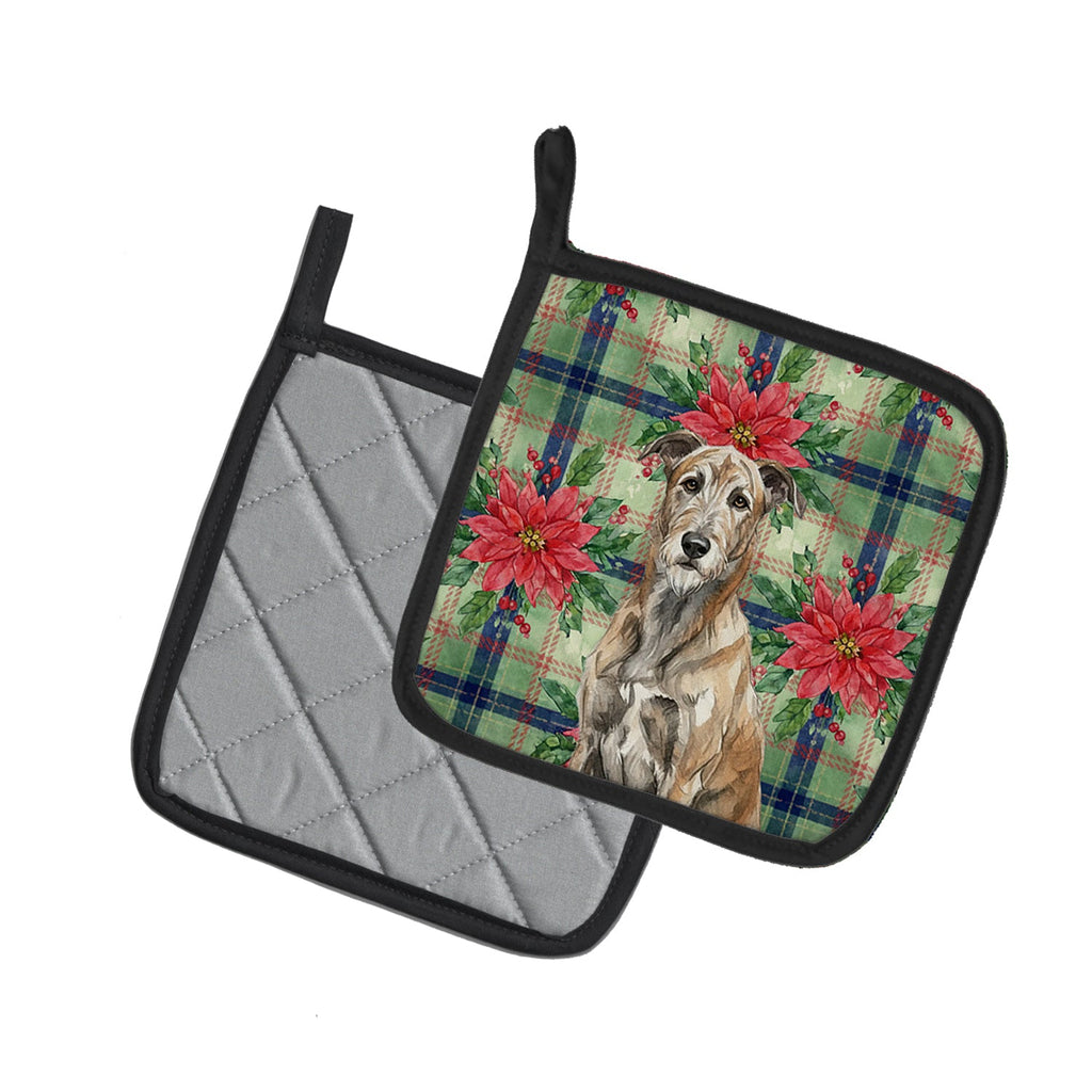 Brindle Irish Wolfhound Christmas PoinsettIas Pot Holder Set of 2 Heat Resistant Quilted Hot Pads 7.5 x 7.5 Inch, Insulated Kitchen Trivets for Cooking & Baking