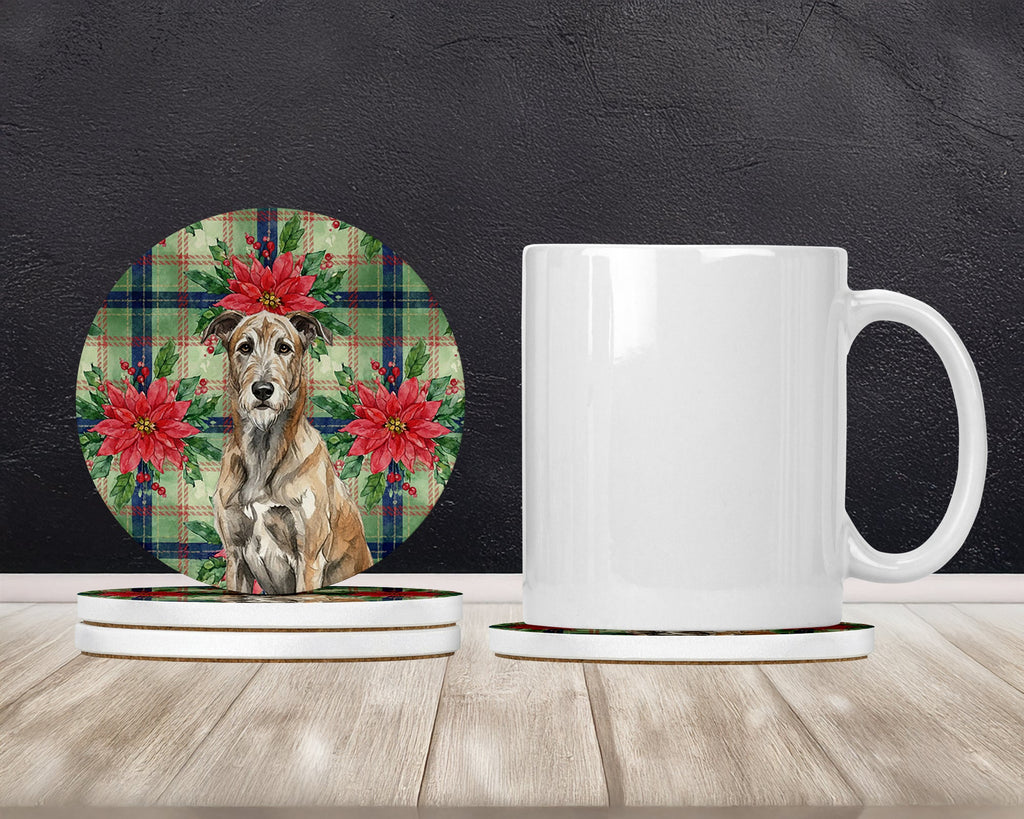 Brindle Irish Wolfhound Christmas PoinsettIas Large Sandstone Coasters Pack of 4 Absorbent Round Coasters Decor Gifts for Men or Women, 4 in, Multicolor