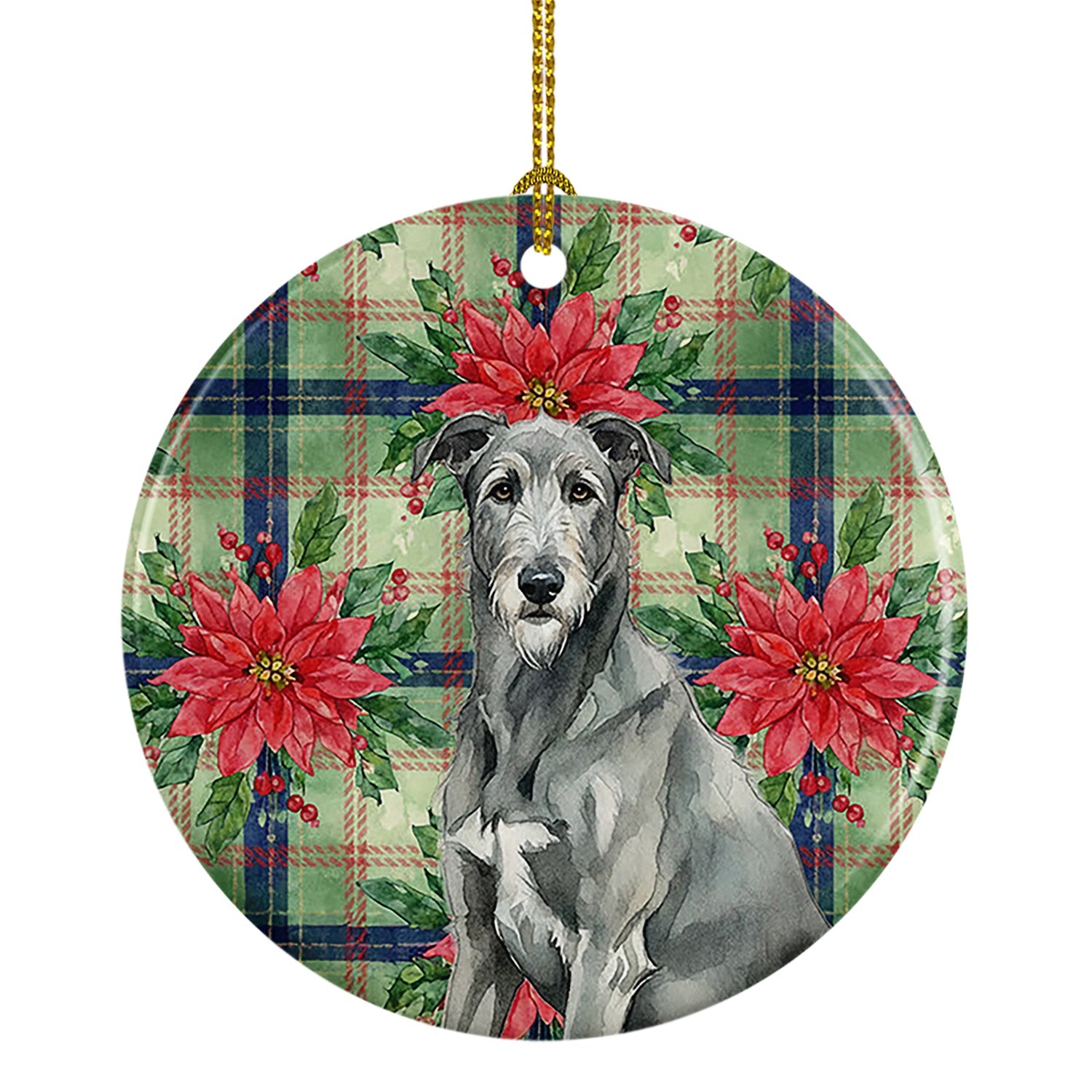 Gray Irish Wolfhound Christmas PoinsettIas Ceramic Ornament Christmas Tree Hanging Decorations for Home Christmas Holiday, Party, Gift, 3 in, Multicolor