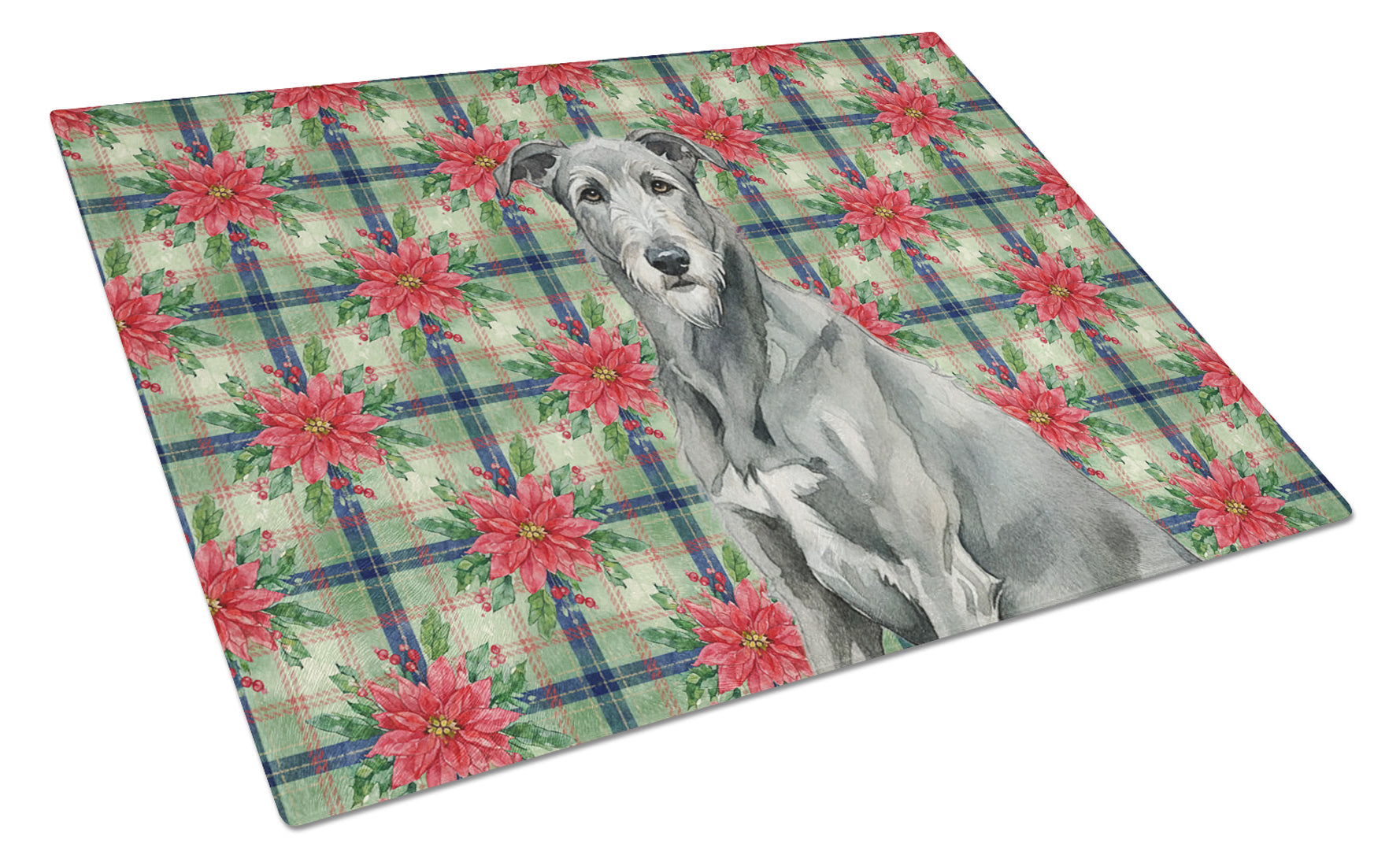 Gray Irish Wolfhound Christmas PoinsettIas Cutting Board Tempered Glass Kitchen Cutting Surface, Heat Resistant Chopping, Non-Slip Feet, Food Prep & Serving