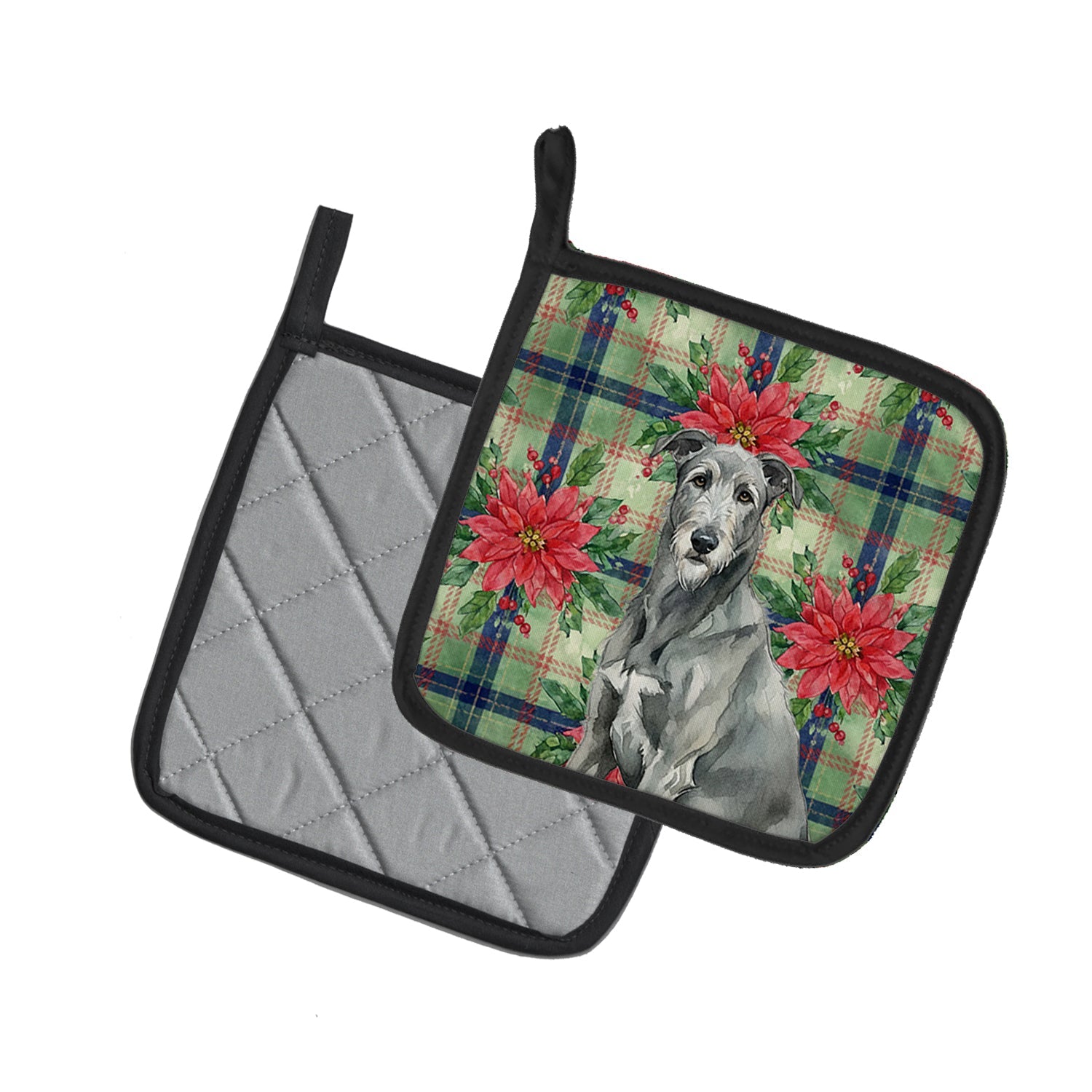 Gray Irish Wolfhound Christmas PoinsettIas Pot Holder Set of 2 Heat Resistant Quilted Hot Pads 7.5 x 7.5 Inch, Insulated Kitchen Trivets for Cooking & Baking