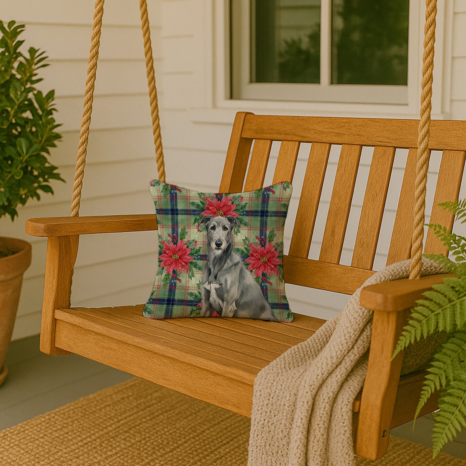 Gray Irish Wolfhound Christmas PoinsettIas Decorative Throw Pillow 14x14 Indoor Outdoor Accent Cushion, Fabric Cover with Insert for Sofa, Bed, Porch & Living Room