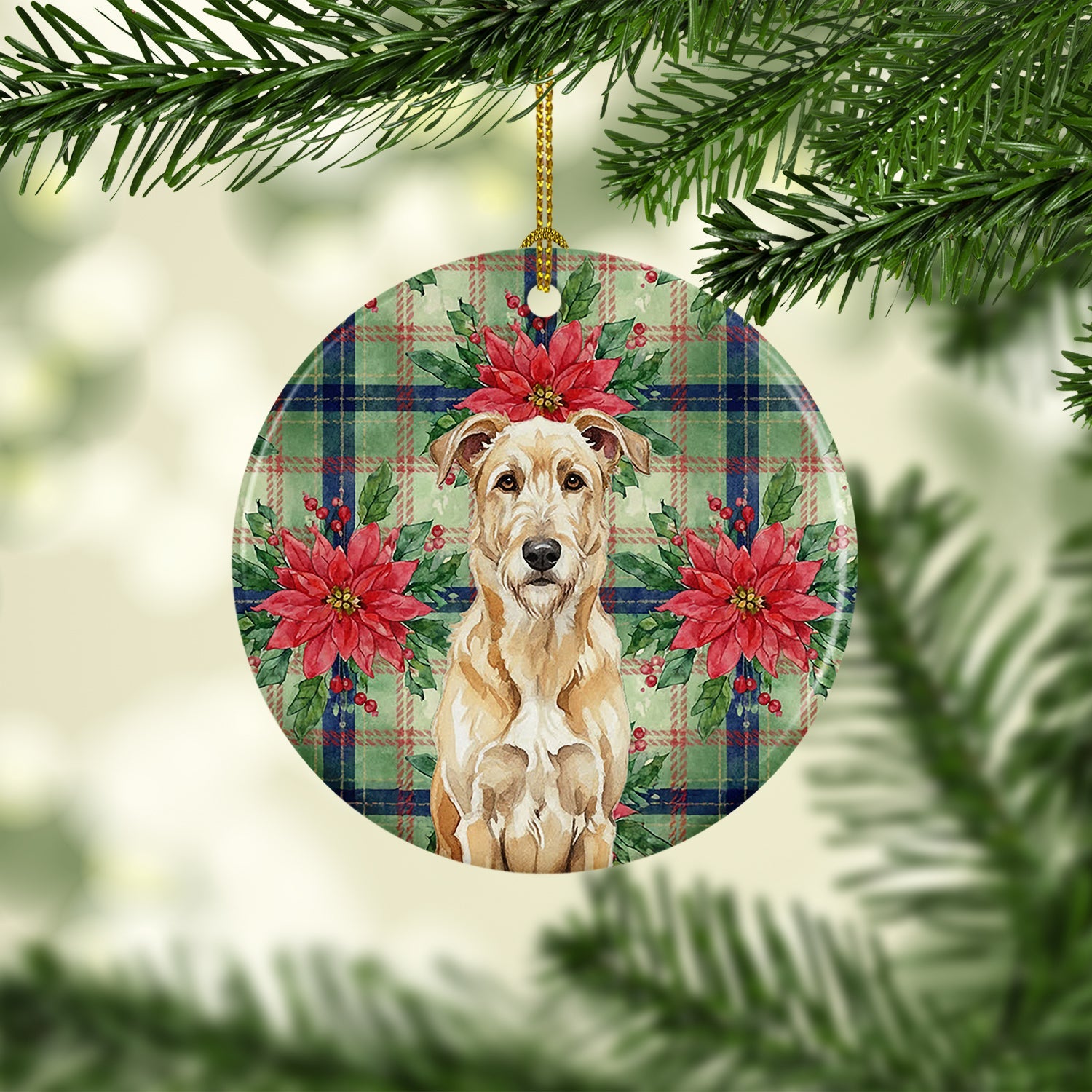 Wheaten Irish Wolfhound Christmas PoinsettIas Ceramic Ornament Christmas Tree Hanging Decorations for Home Christmas Holiday, Party, Gift, 3 in, Multicolor