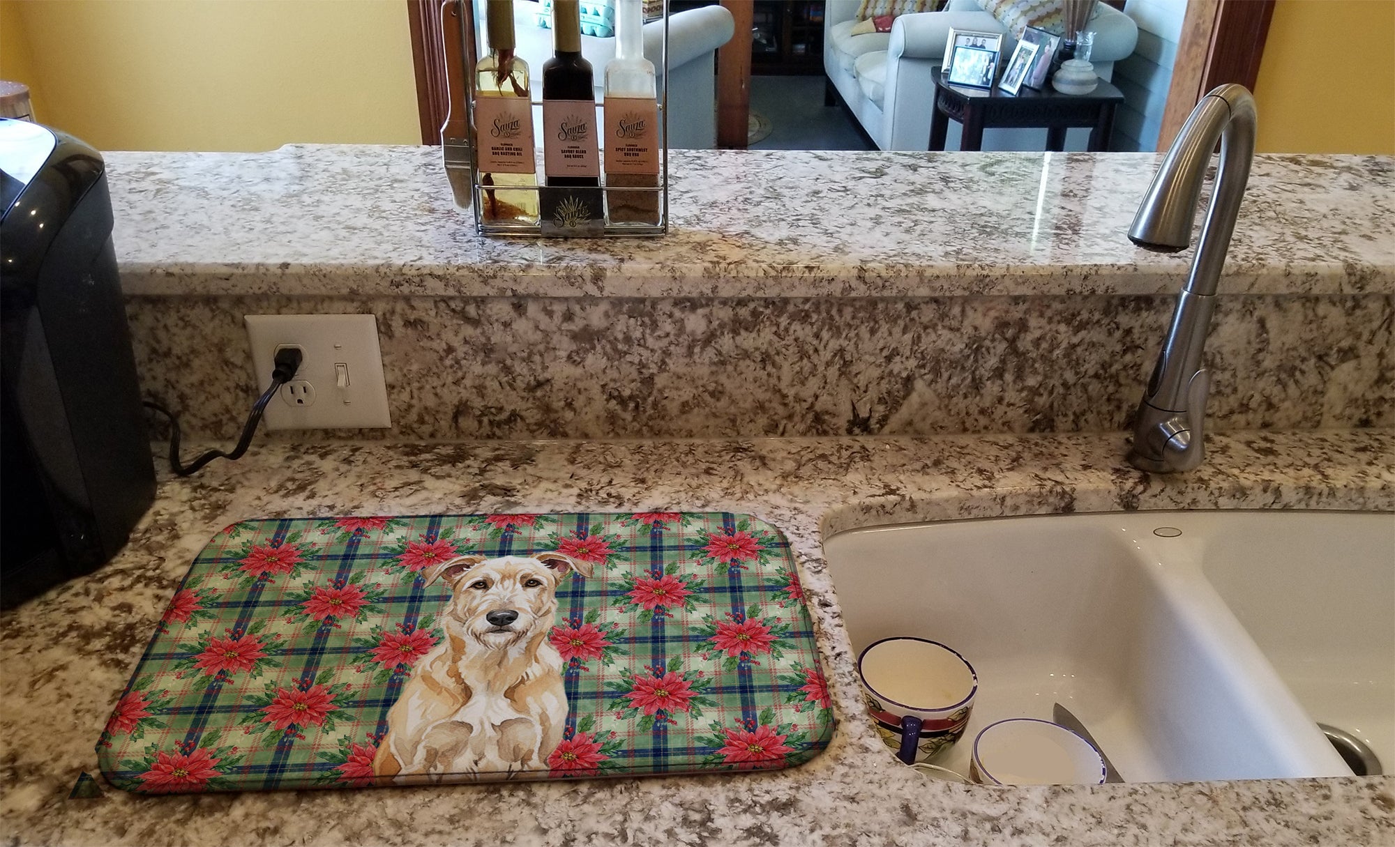 Wheaten Irish Wolfhound Christmas PoinsettIas Dish Drying Mat Absorbent Dish Drying Mat Pad for Kitchen Counter Dish Drainer Mat for Countertop, 14 x 21", Multicolor