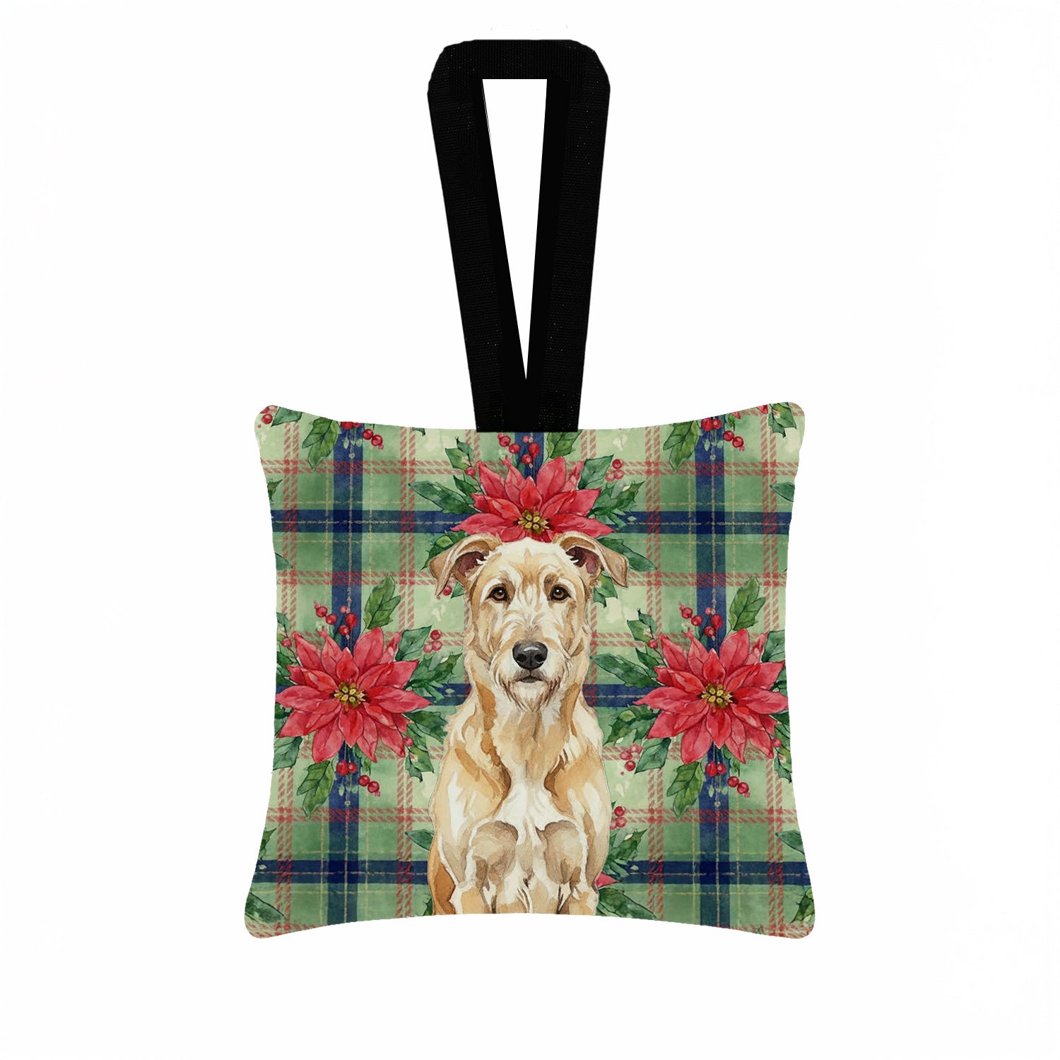 Wheaten Irish Wolfhound Christmas PoinsettIas Hanging Square Fabric Ornament 3.5 � 3.5 Decorative Door-Knob & Tree Hanger, Soft Fabric