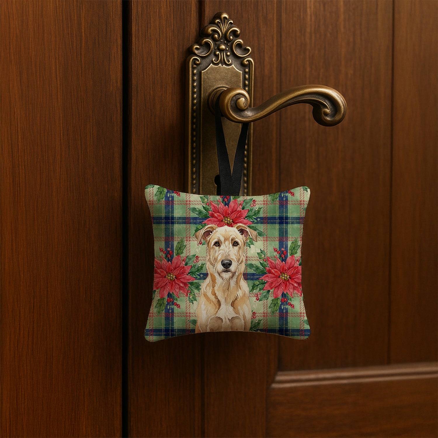 Wheaten Irish Wolfhound Christmas PoinsettIas Hanging Square Fabric Ornament 3.5 � 3.5 Decorative Door-Knob & Tree Hanger, Soft Fabric