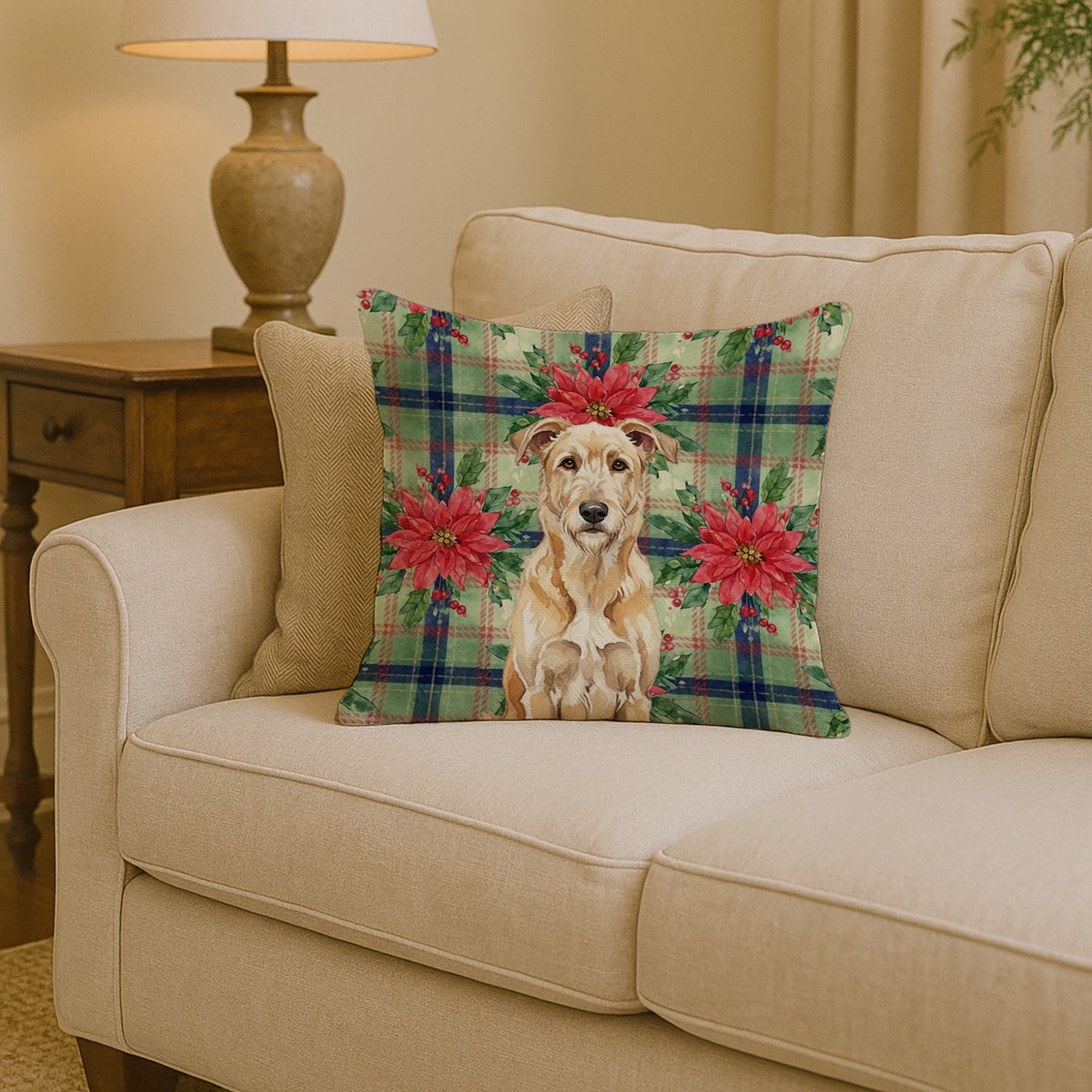 Wheaten Irish Wolfhound Christmas PoinsettIas Decorative Throw Pillow 14x14 Indoor Outdoor Accent Cushion, Fabric Cover with Insert for Sofa, Bed, Porch & Living Room