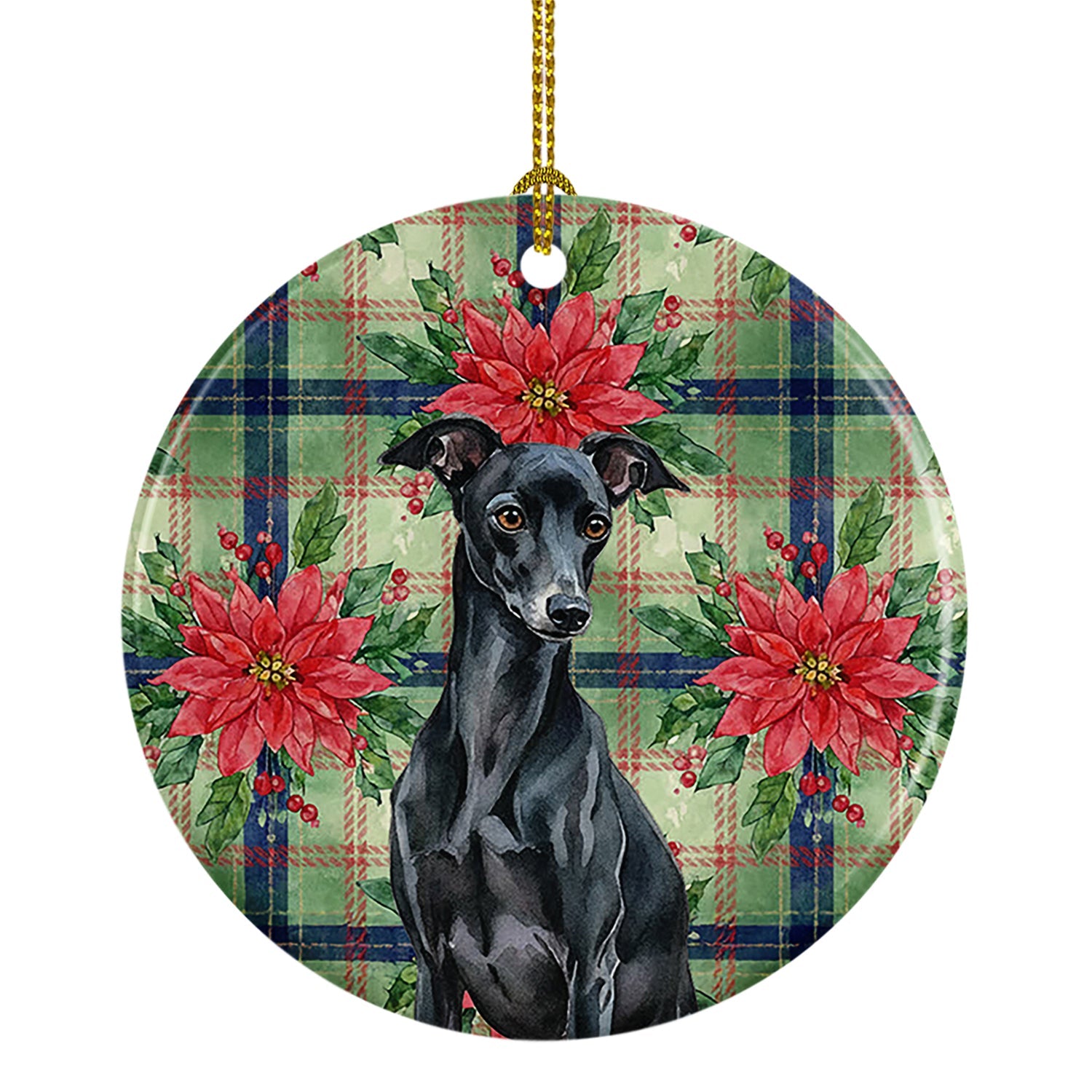 Black Italian Greyhound Christmas PoinsettIas Ceramic Ornament Christmas Tree Hanging Decorations for Home Christmas Holiday, Party, Gift, 3 in, Multicolor