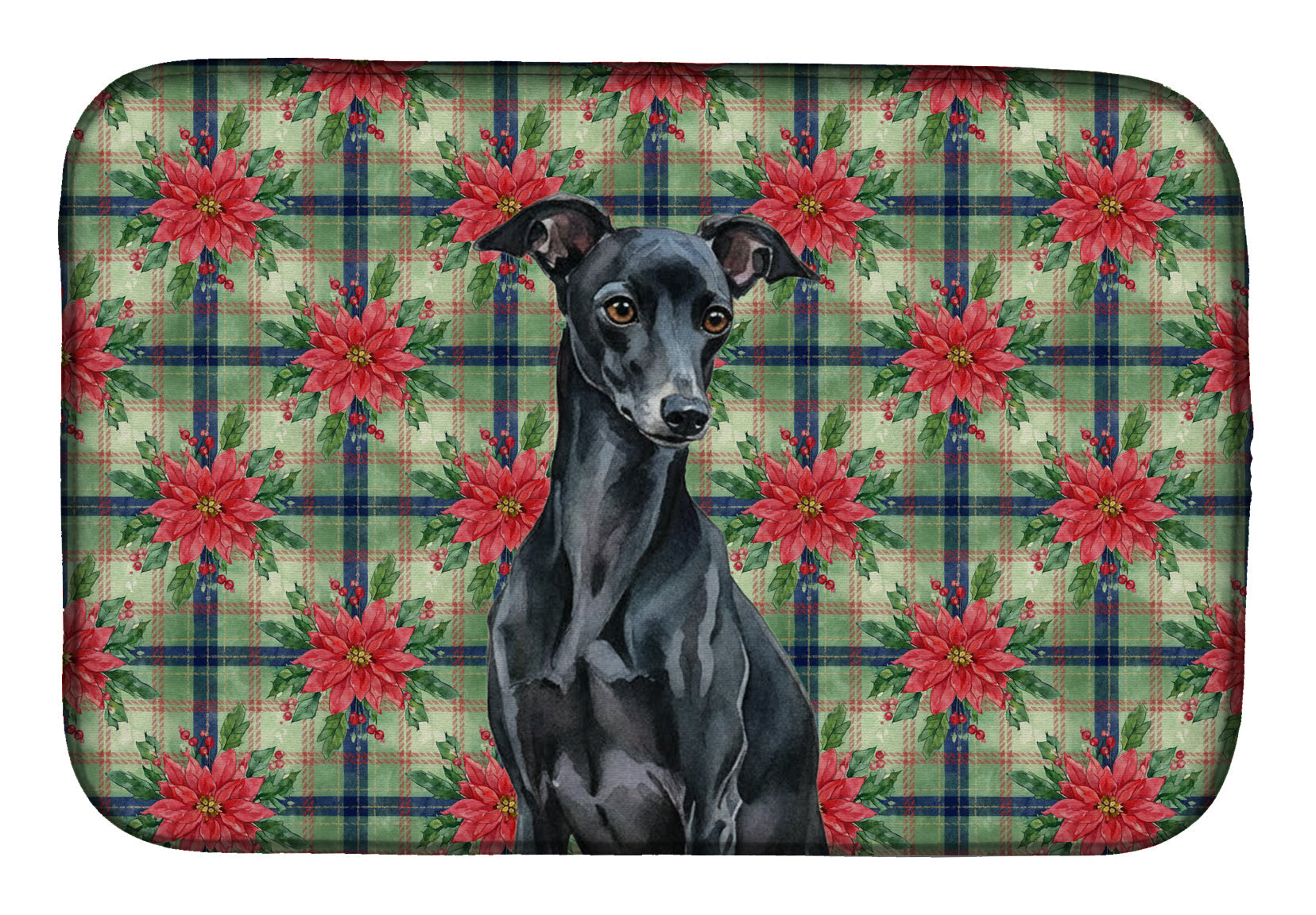 Black Italian Greyhound Christmas PoinsettIas Dish Drying Mat Absorbent Dish Drying Mat Pad for Kitchen Counter Dish Drainer Mat for Countertop, 14 x 21", Multicolor