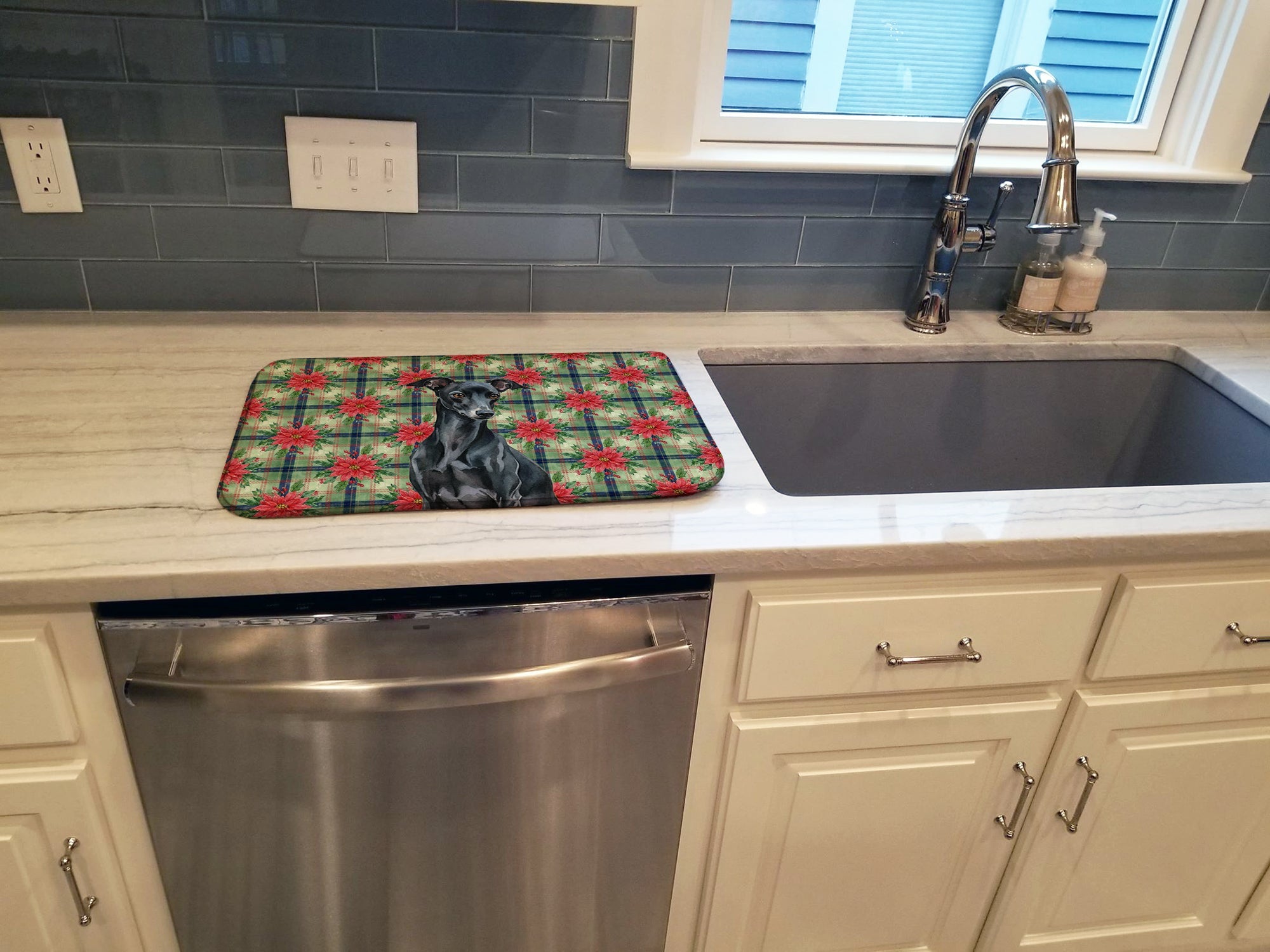 Black Italian Greyhound Christmas PoinsettIas Dish Drying Mat Absorbent Dish Drying Mat Pad for Kitchen Counter Dish Drainer Mat for Countertop, 14 x 21", Multicolor