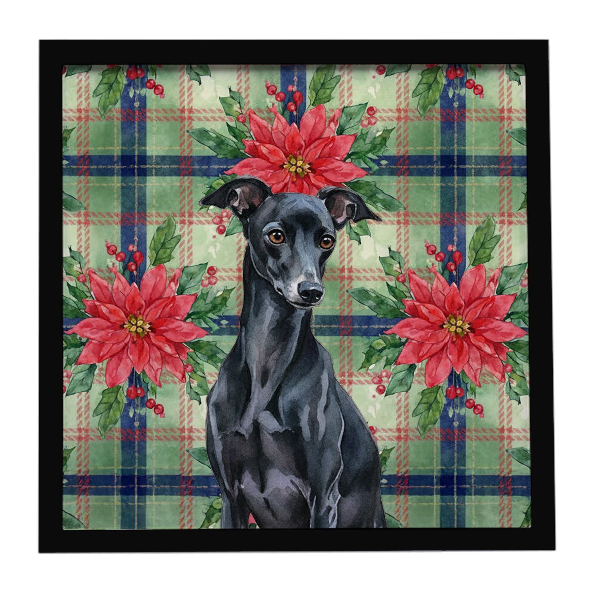 Black Italian Greyhound Christmas PoinsettIas Framed Metal Print Bathroom, Kitchen, Office, Home Decor Wall Art Ready to Hang, Square, 8X8