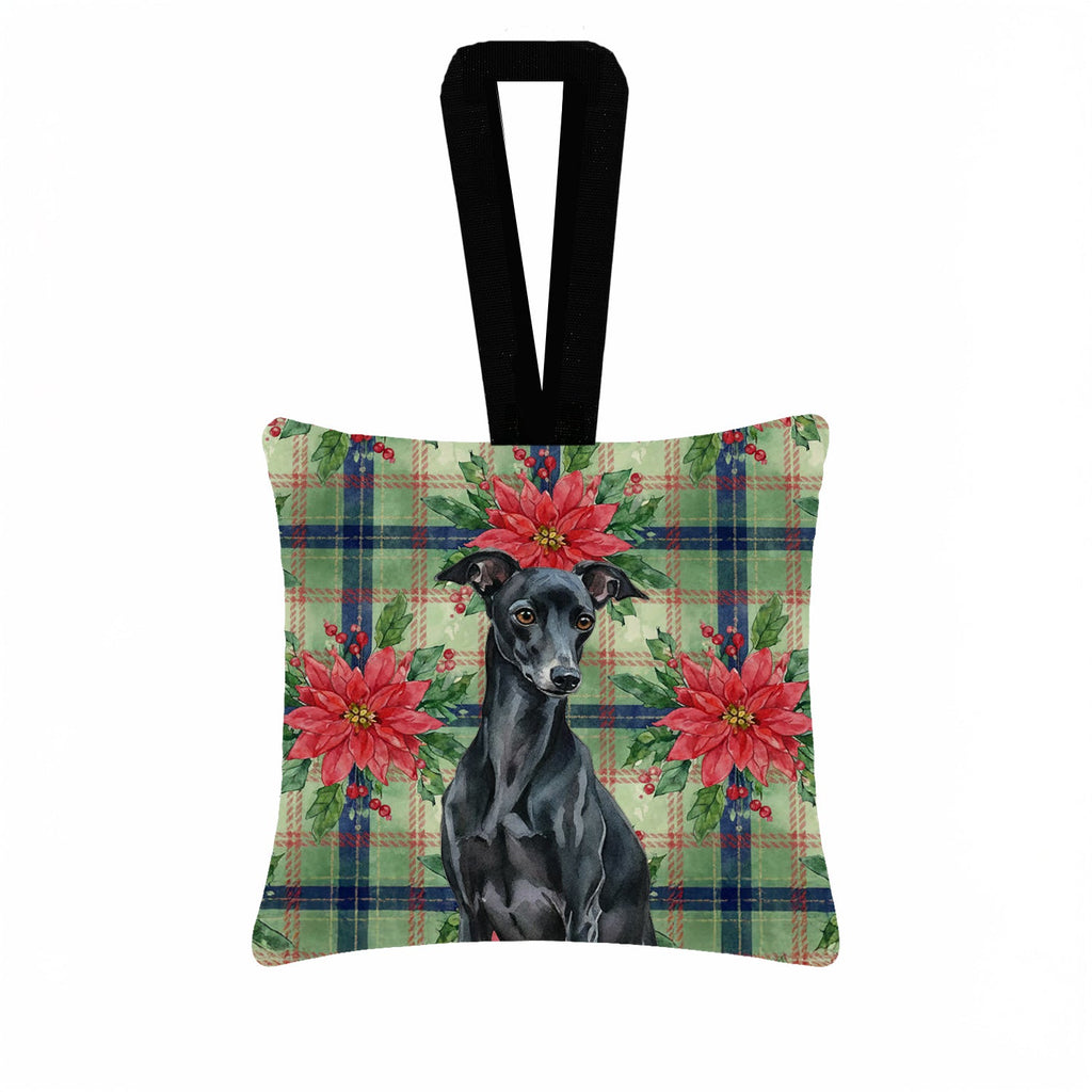 Black Italian Greyhound Christmas PoinsettIas Hanging Square Fabric Ornament 3.5 � 3.5 Decorative Door-Knob & Tree Hanger, Soft Fabric