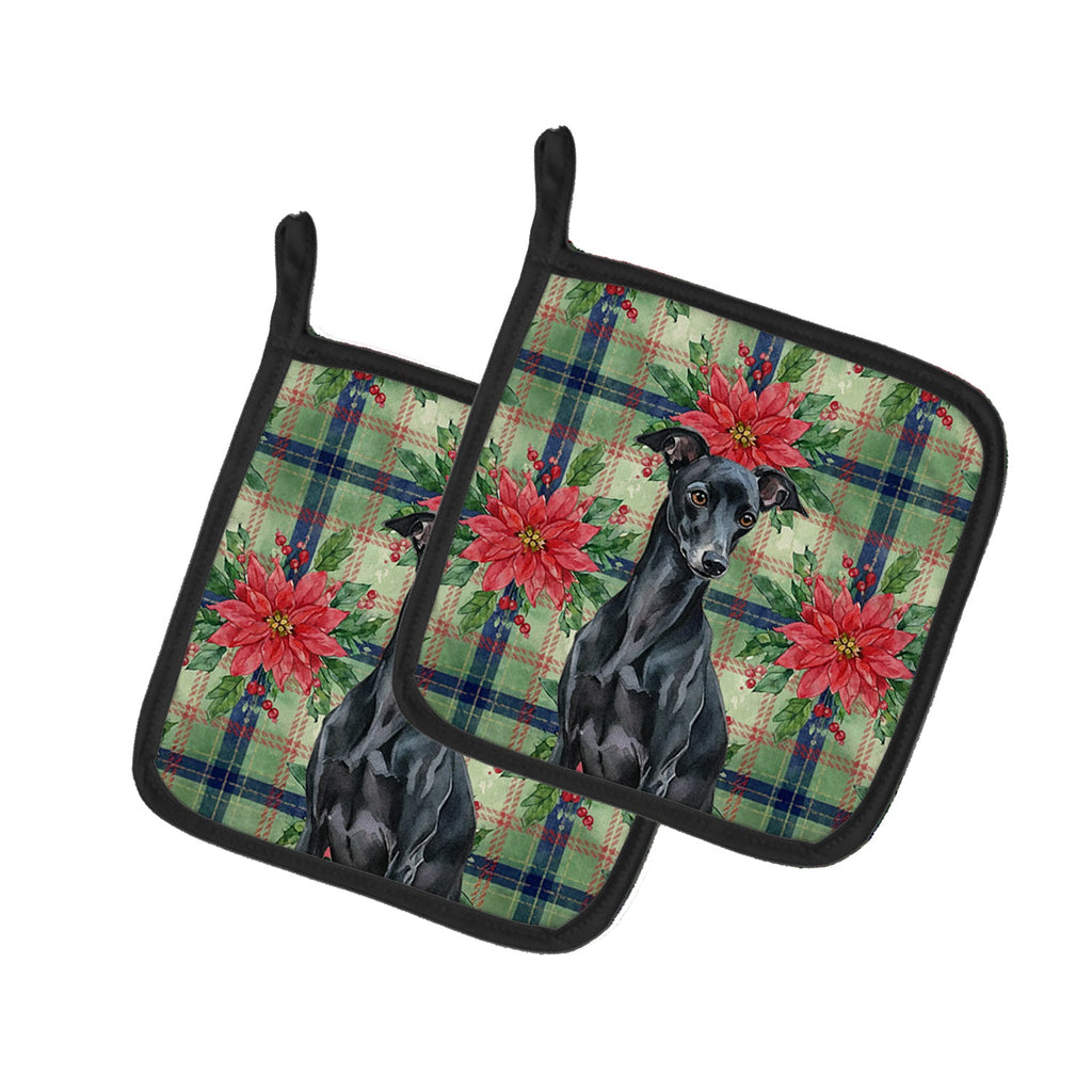 Black Italian Greyhound Christmas PoinsettIas Pot Holder Set of 2 Heat Resistant Quilted Hot Pads 7.5 x 7.5 Inch, Insulated Kitchen Trivets for Cooking & Baking