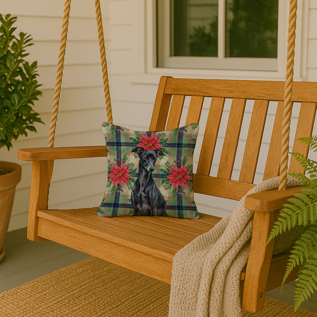 Black Italian Greyhound Christmas PoinsettIas Decorative Throw Pillow 14x14 Indoor Outdoor Accent Cushion, Fabric Cover with Insert for Sofa, Bed, Porch & Living Room