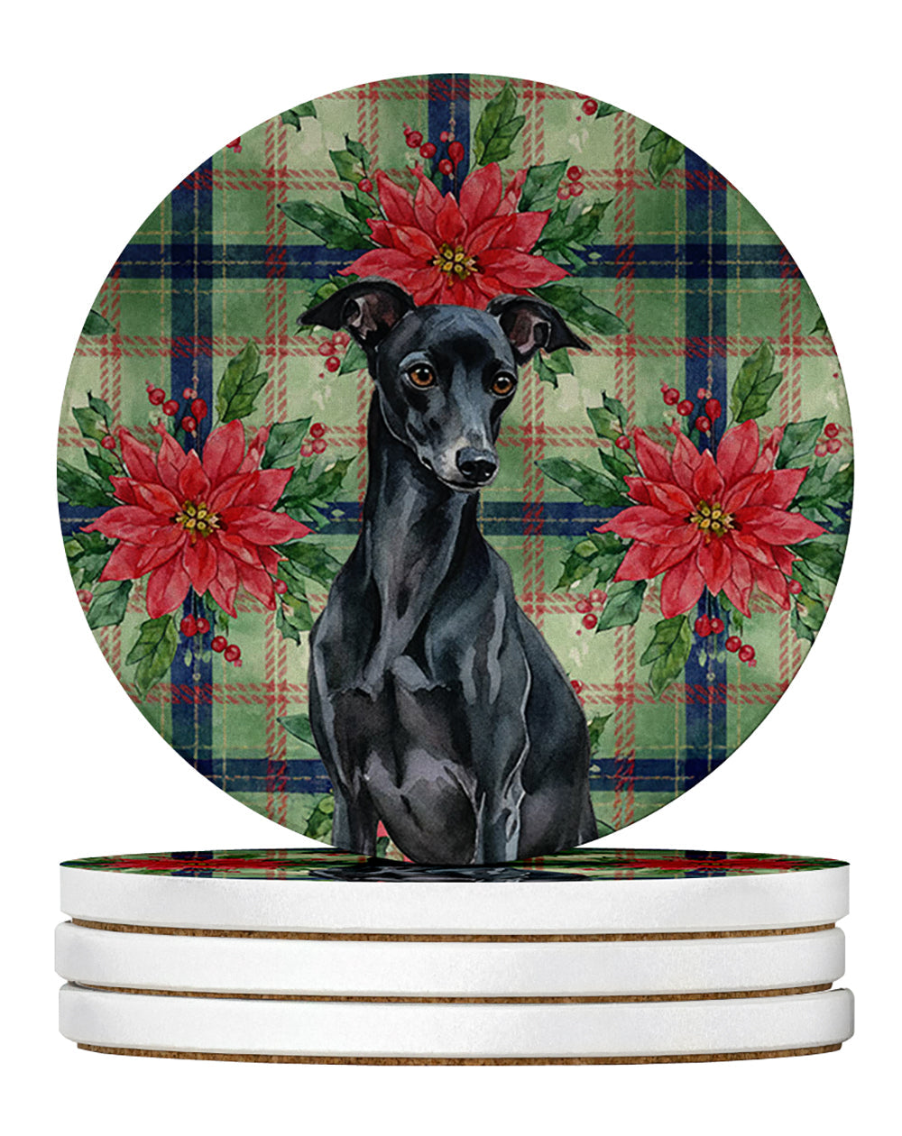 Black Italian Greyhound Christmas PoinsettIas Large Sandstone Coasters Pack of 4 Absorbent Round Coasters Decor Gifts for Men or Women, 4 in, Multicolor