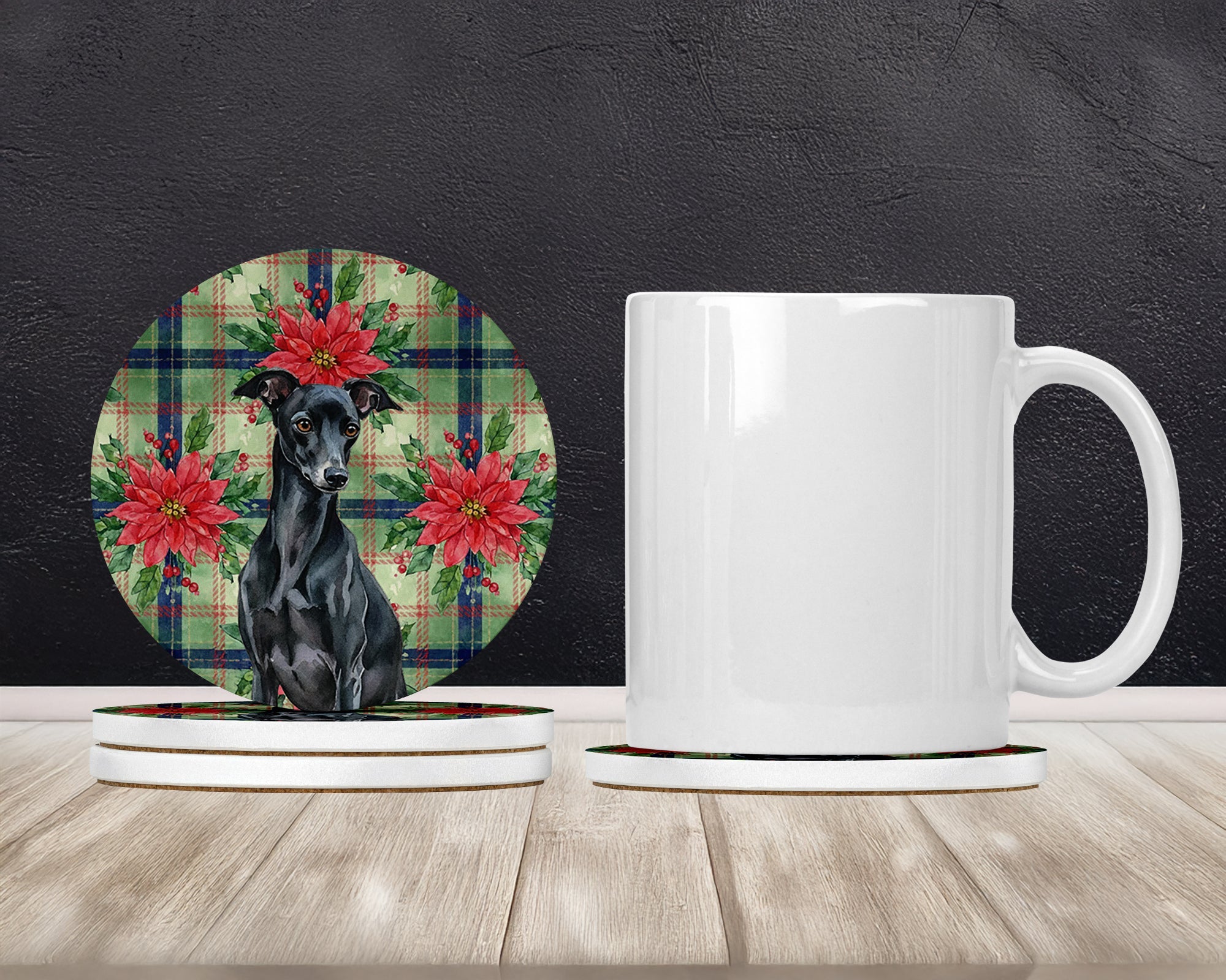Black Italian Greyhound Christmas PoinsettIas Large Sandstone Coasters Pack of 4 Absorbent Round Coasters Decor Gifts for Men or Women, 4 in, Multicolor