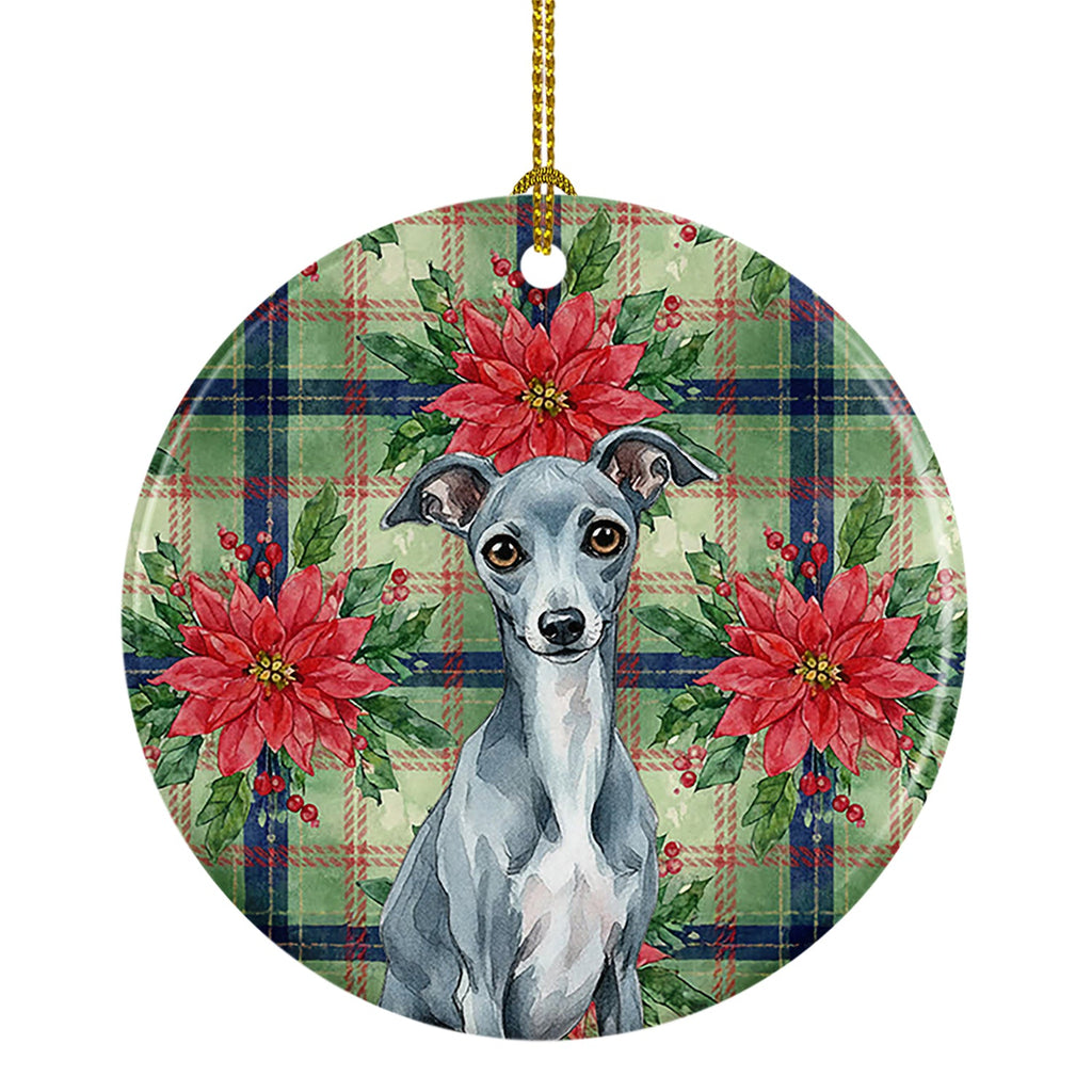 Blue Italian Greyhound Christmas PoinsettIas Ceramic Ornament Christmas Tree Hanging Decorations for Home Christmas Holiday, Party, Gift, 3 in, Multicolor