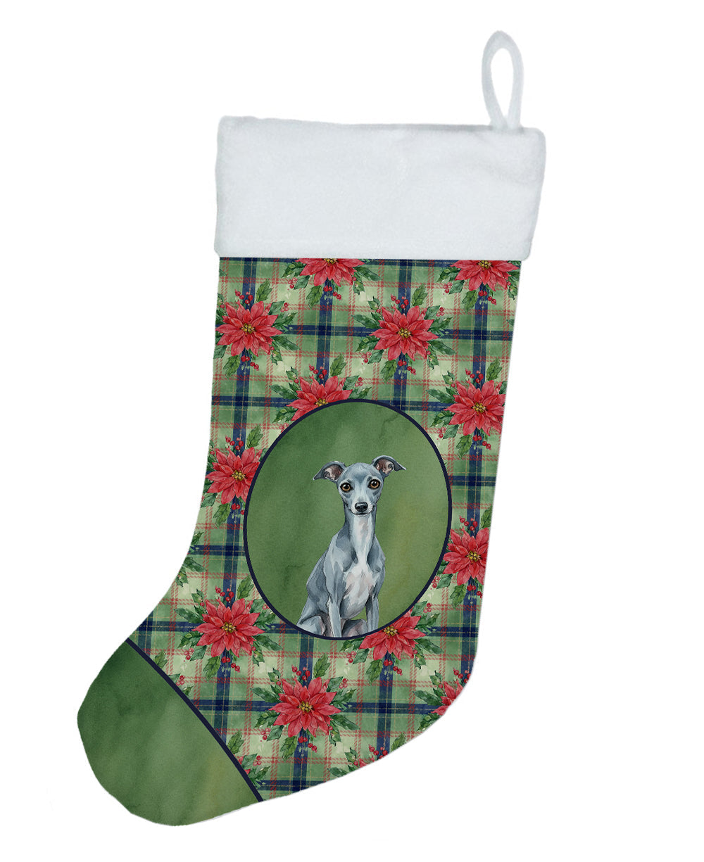 Blue Italian Greyhound Christmas PoinsettIas Holiday Stocking Double-Sided Print, Polyester Suede,11x18, Made in USA