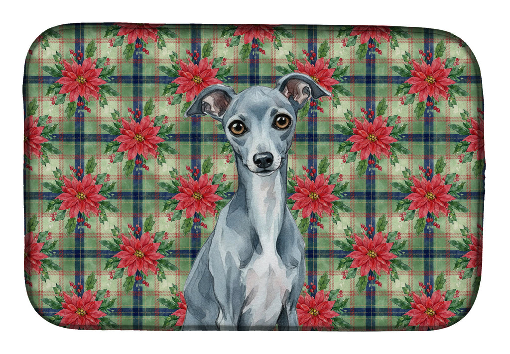 Blue Italian Greyhound Christmas PoinsettIas Dish Drying Mat Absorbent Dish Drying Mat Pad for Kitchen Counter Dish Drainer Mat for Countertop, 14 x 21", Multicolor