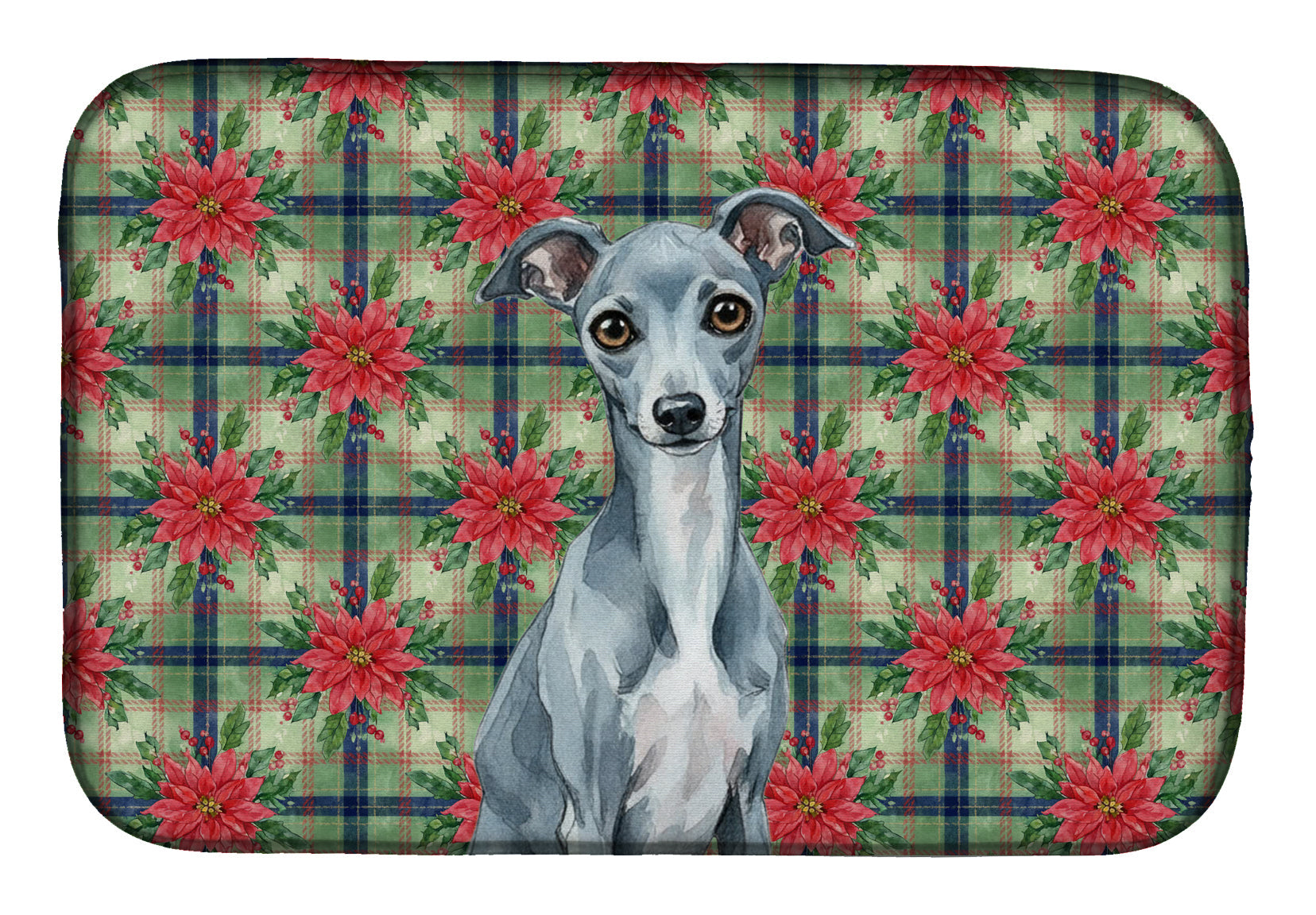 Blue Italian Greyhound Christmas PoinsettIas Dish Drying Mat Absorbent Dish Drying Mat Pad for Kitchen Counter Dish Drainer Mat for Countertop, 14 x 21", Multicolor