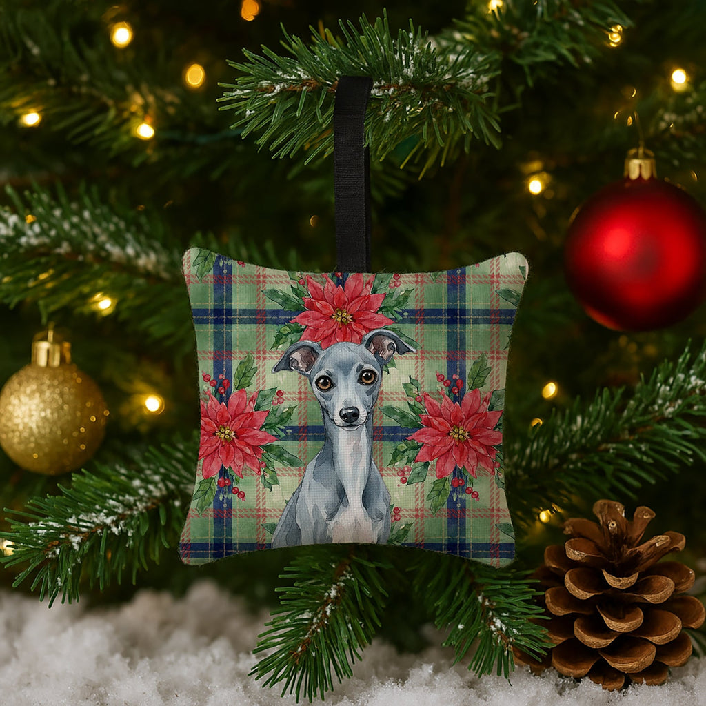 Blue Italian Greyhound Christmas PoinsettIas Hanging Square Fabric Ornament 3.5 � 3.5 Decorative Door-Knob & Tree Hanger, Soft Fabric
