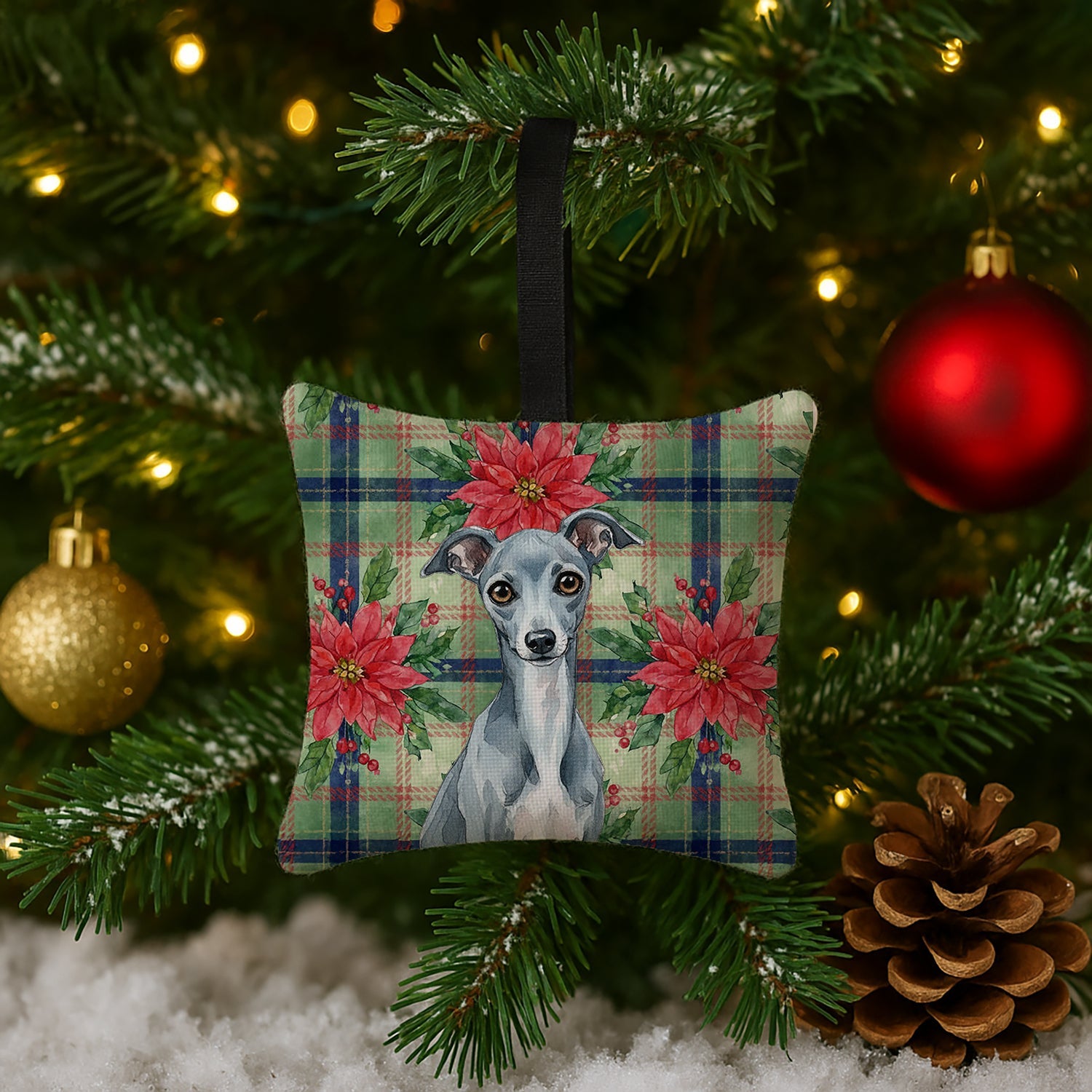 Blue Italian Greyhound Christmas PoinsettIas Hanging Square Fabric Ornament 3.5 � 3.5 Decorative Door-Knob & Tree Hanger, Soft Fabric