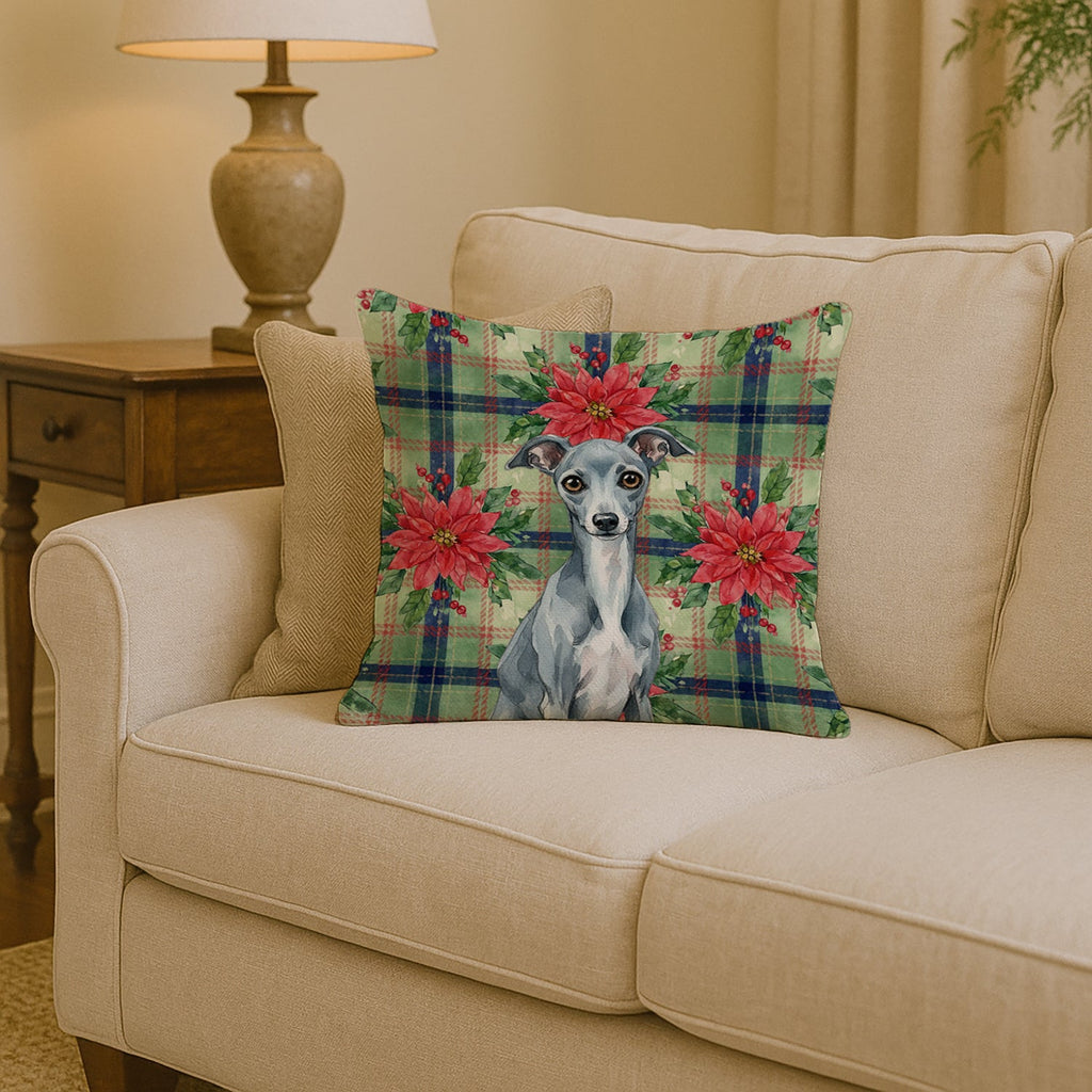 Blue Italian Greyhound Christmas PoinsettIas Decorative Throw Pillow 14x14 Indoor Outdoor Accent Cushion, Fabric Cover with Insert for Sofa, Bed, Porch & Living Room