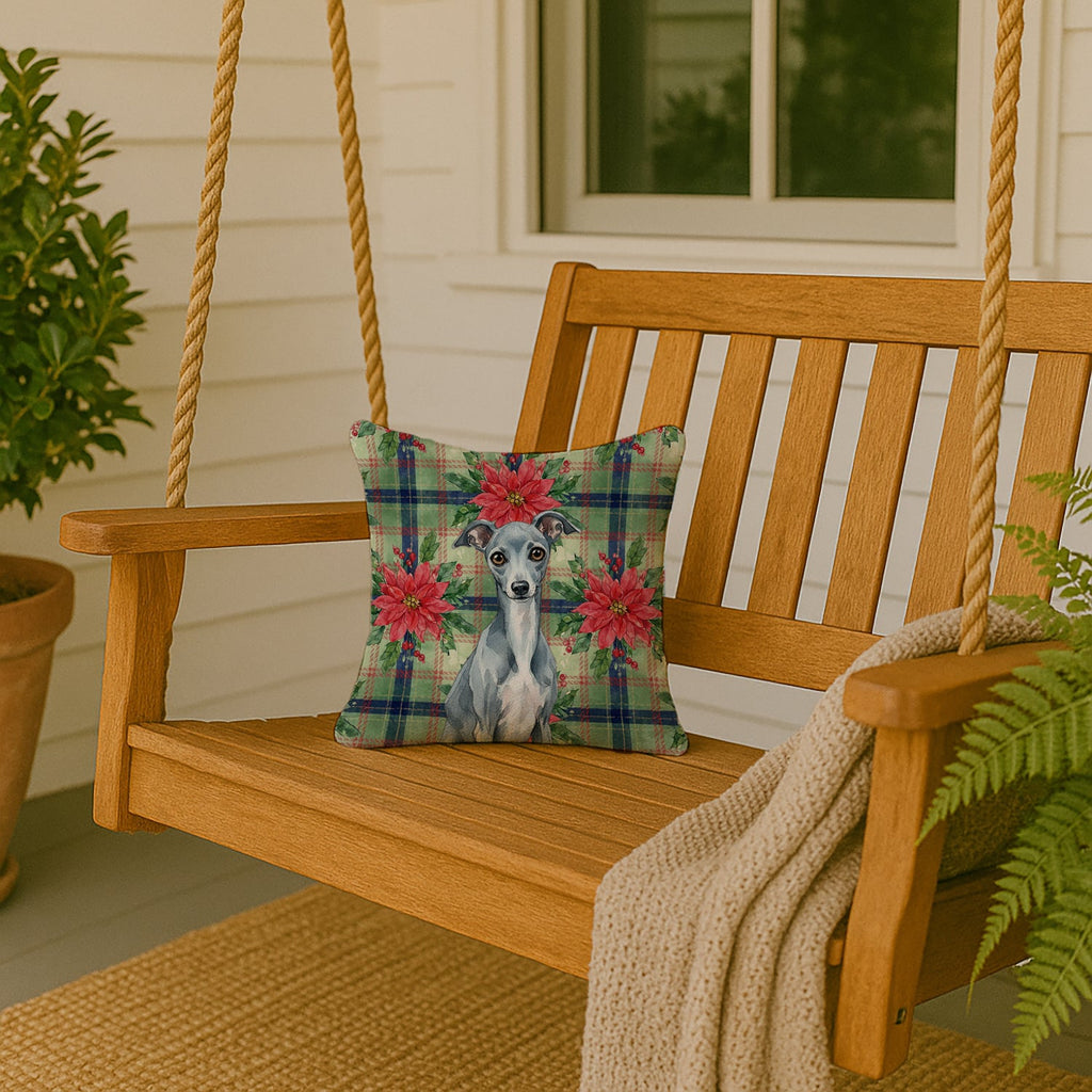 Blue Italian Greyhound Christmas PoinsettIas Decorative Throw Pillow 14x14 Indoor Outdoor Accent Cushion, Fabric Cover with Insert for Sofa, Bed, Porch & Living Room