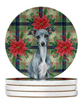 Blue Italian Greyhound Christmas PoinsettIas Large Sandstone Coasters Pack of 4 Absorbent Round Coasters Decor Gifts for Men or Women, 4 in, Multicolor