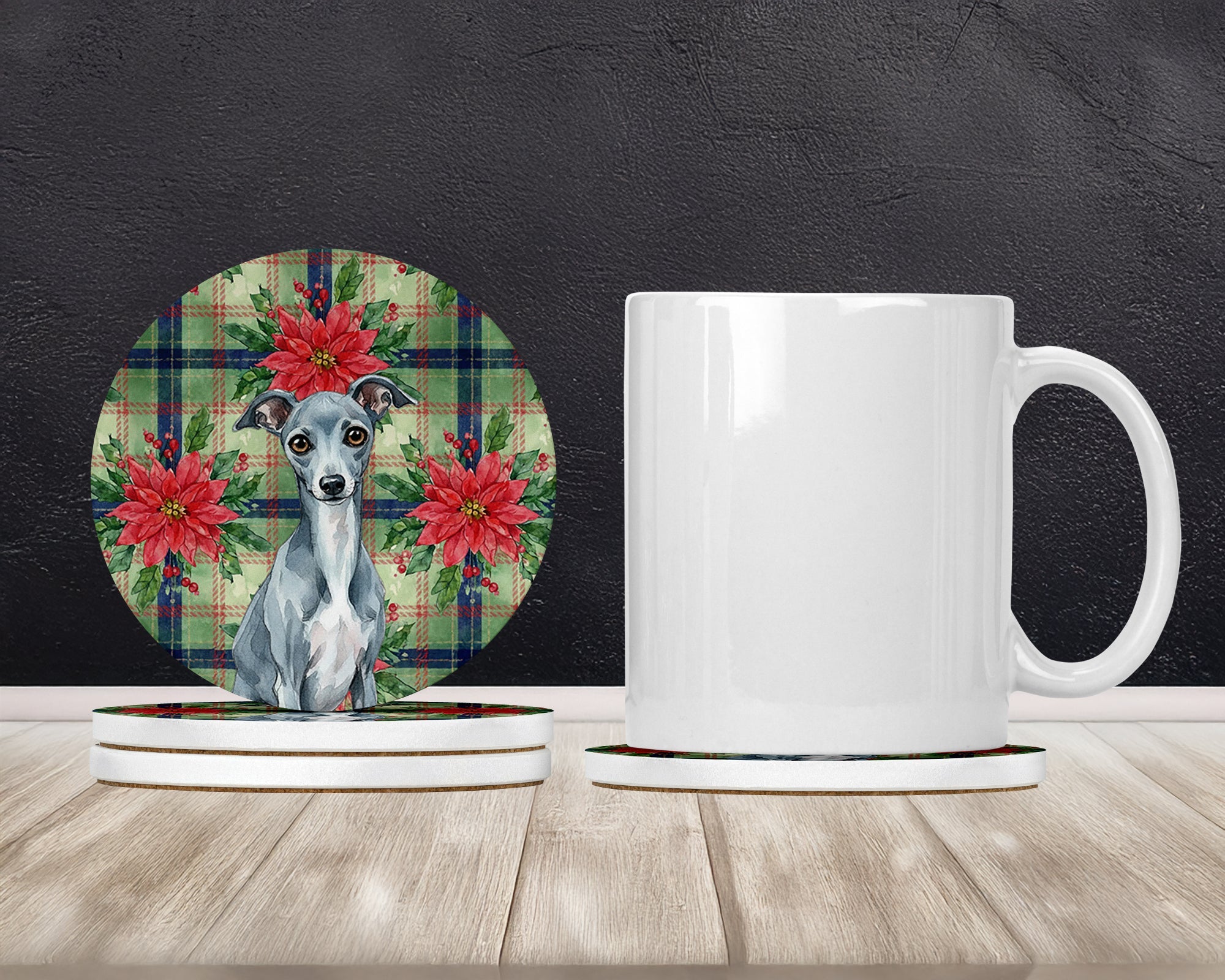 Blue Italian Greyhound Christmas PoinsettIas Large Sandstone Coasters Pack of 4 Absorbent Round Coasters Decor Gifts for Men or Women, 4 in, Multicolor