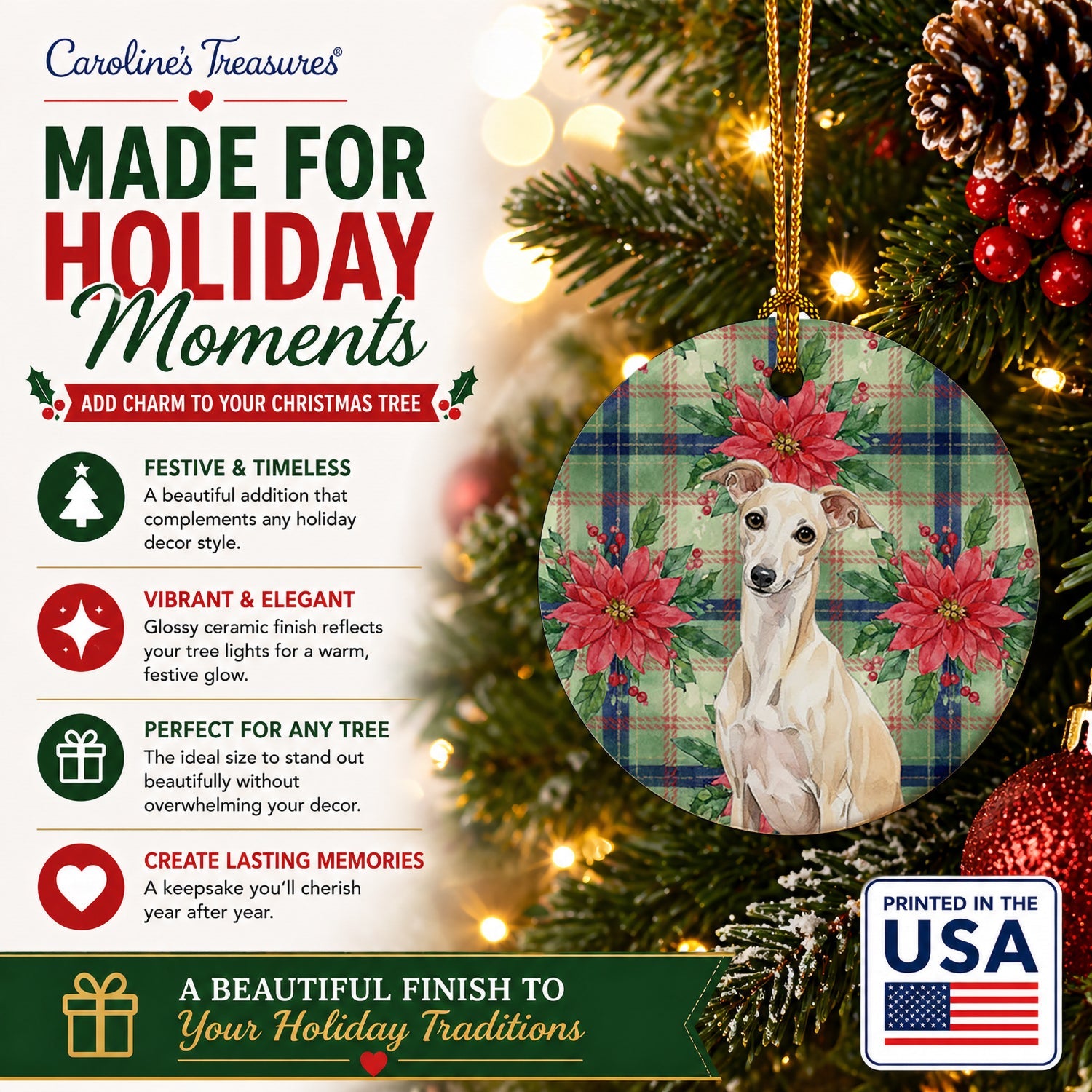 Cream Italian Greyhound Christmas PoinsettIas Ceramic Ornament Christmas Tree Hanging Decorations for Home Christmas Holiday, Party, Gift, 3 in, Multicolor