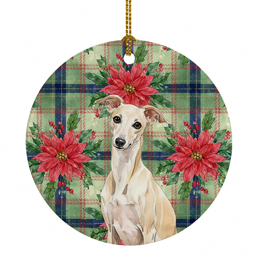 Cream Italian Greyhound Christmas PoinsettIas Ceramic Ornament Christmas Tree Hanging Decorations for Home Christmas Holiday, Party, Gift, 3 in, Multicolor