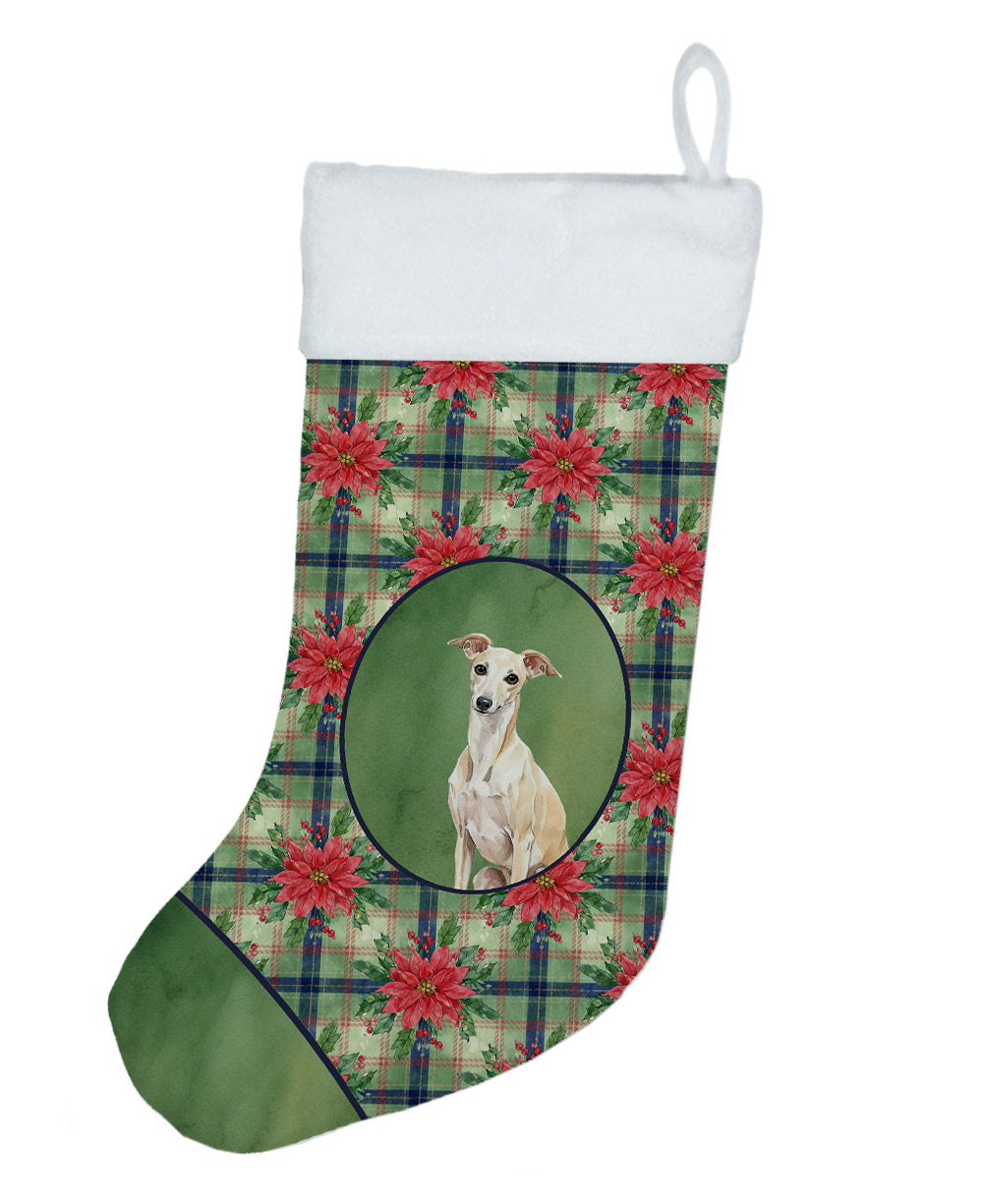 Cream Italian Greyhound Christmas PoinsettIas Holiday Stocking Double-Sided Print, Polyester Suede,11x18, Made in USA