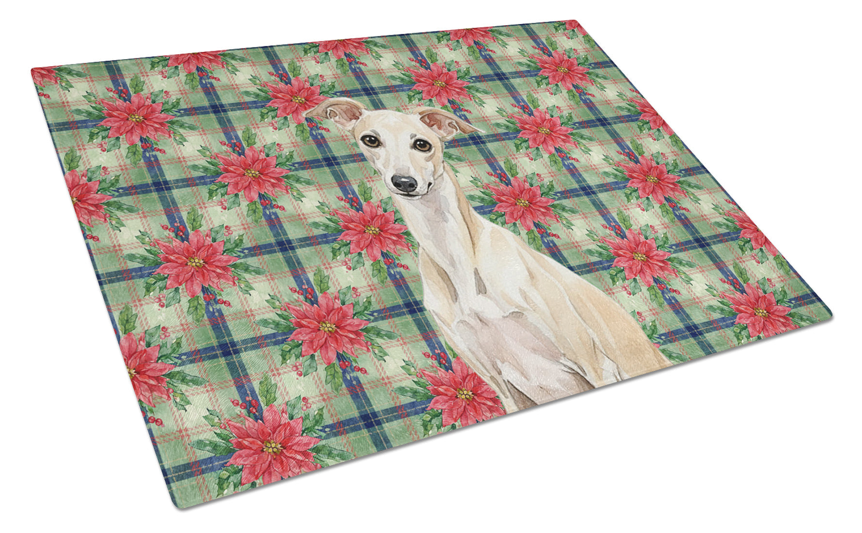 Cream Italian Greyhound Christmas PoinsettIas Cutting Board Tempered Glass Kitchen Cutting Surface, Heat Resistant Chopping, Non-Slip Feet, Food Prep & Serving