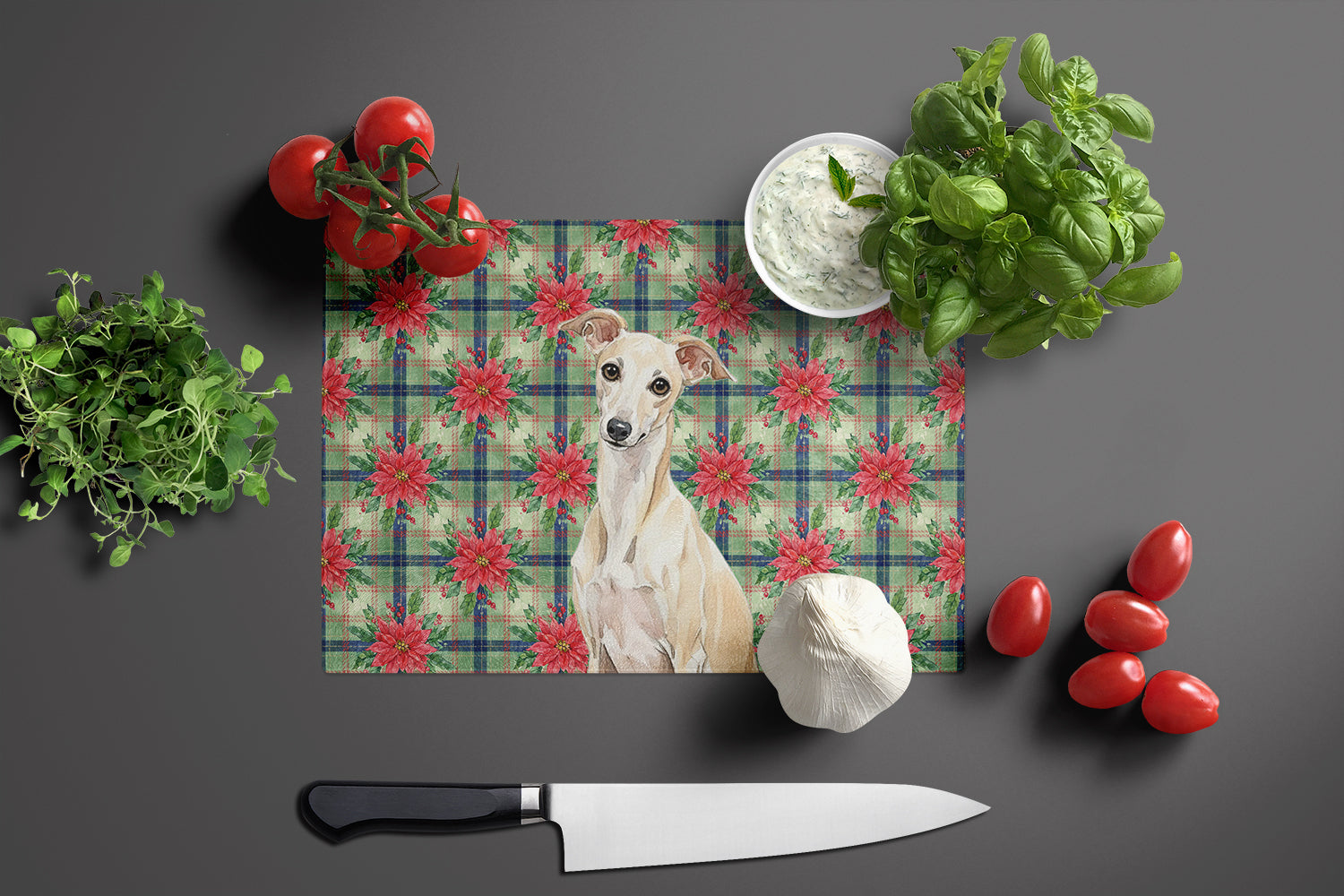 Cream Italian Greyhound Christmas PoinsettIas Cutting Board Tempered Glass Kitchen Cutting Surface, Heat Resistant Chopping, Non-Slip Feet, Food Prep & Serving