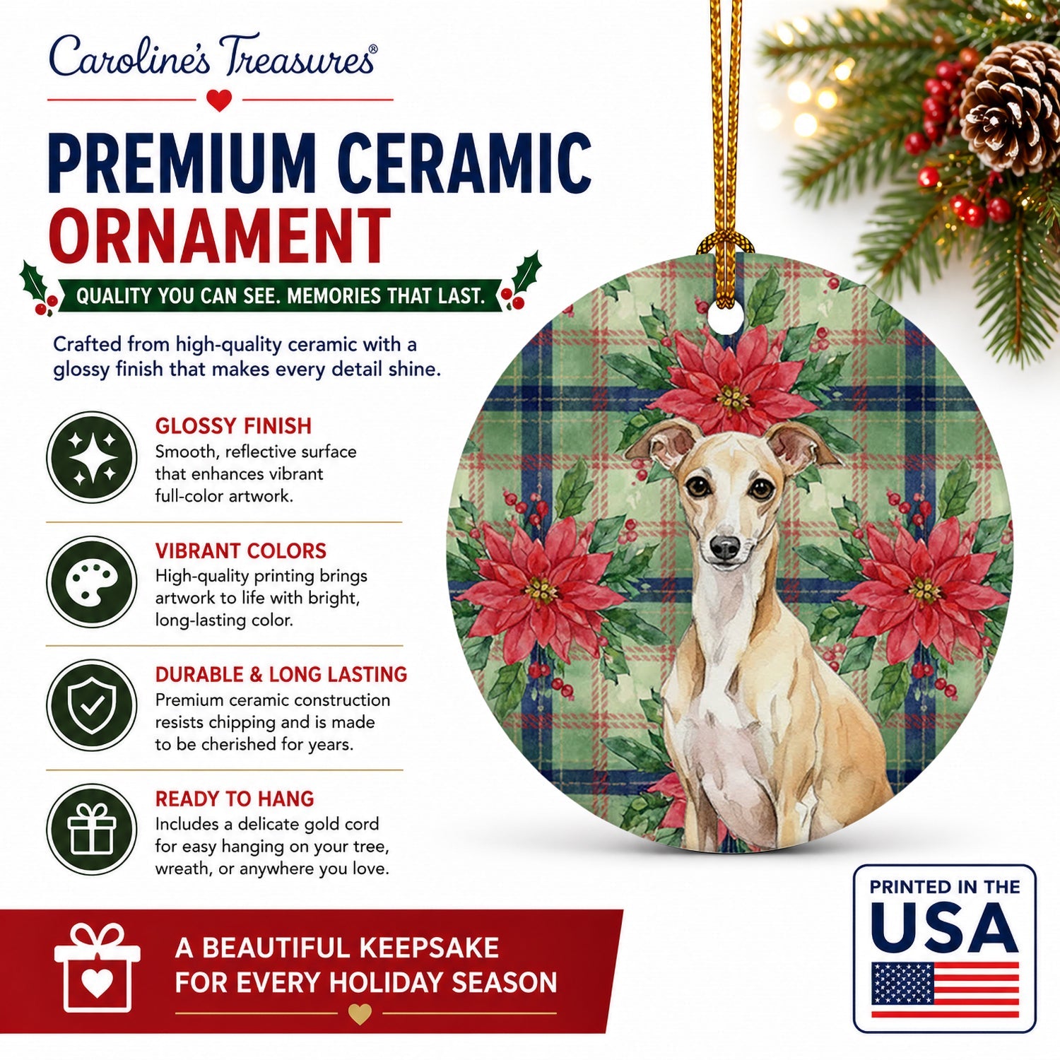 Fawn Italian Greyhound Christmas PoinsettIas Ceramic Ornament Christmas Tree Hanging Decorations for Home Christmas Holiday, Party, Gift, 3 in, Multicolor