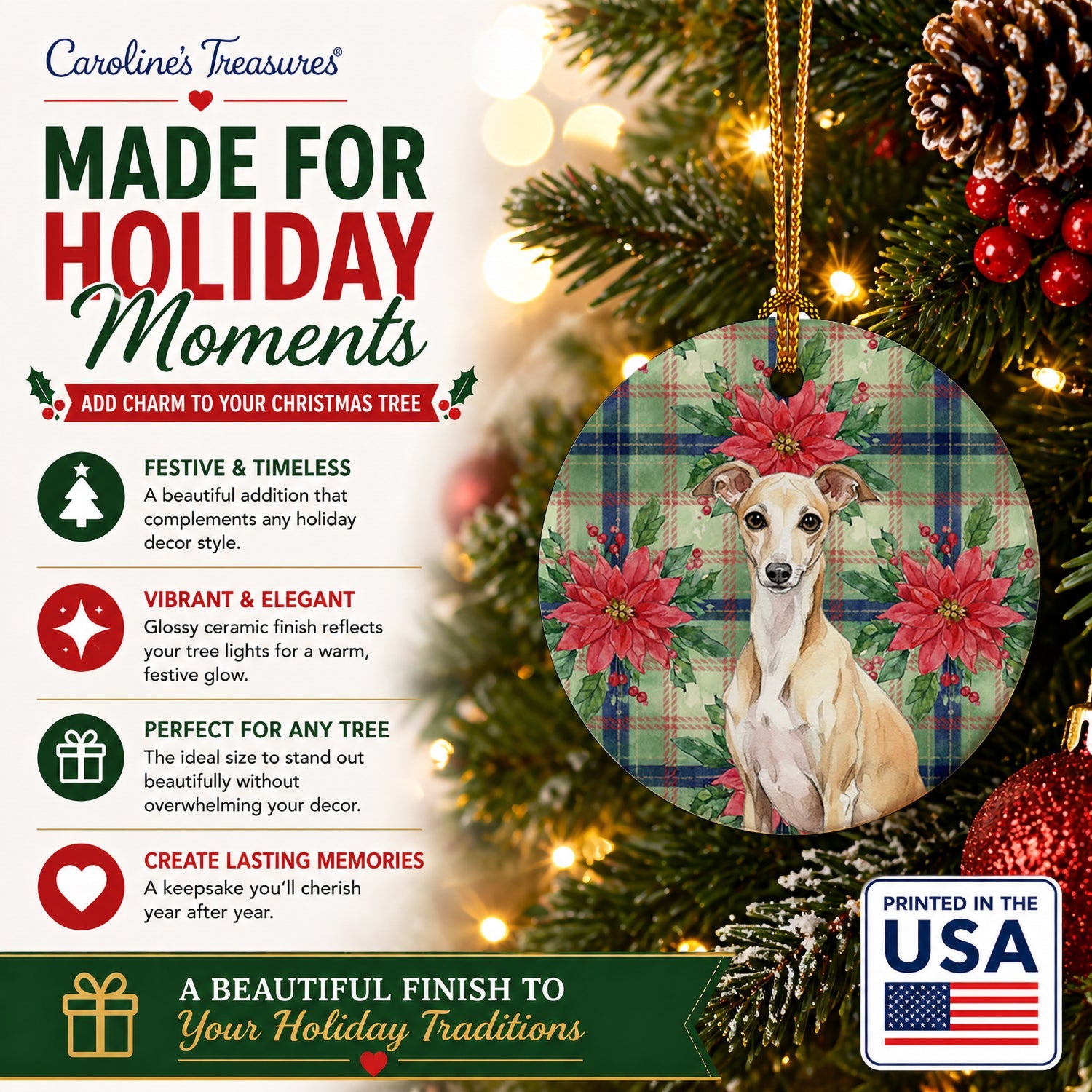 Fawn Italian Greyhound Christmas PoinsettIas Ceramic Ornament Christmas Tree Hanging Decorations for Home Christmas Holiday, Party, Gift, 3 in, Multicolor
