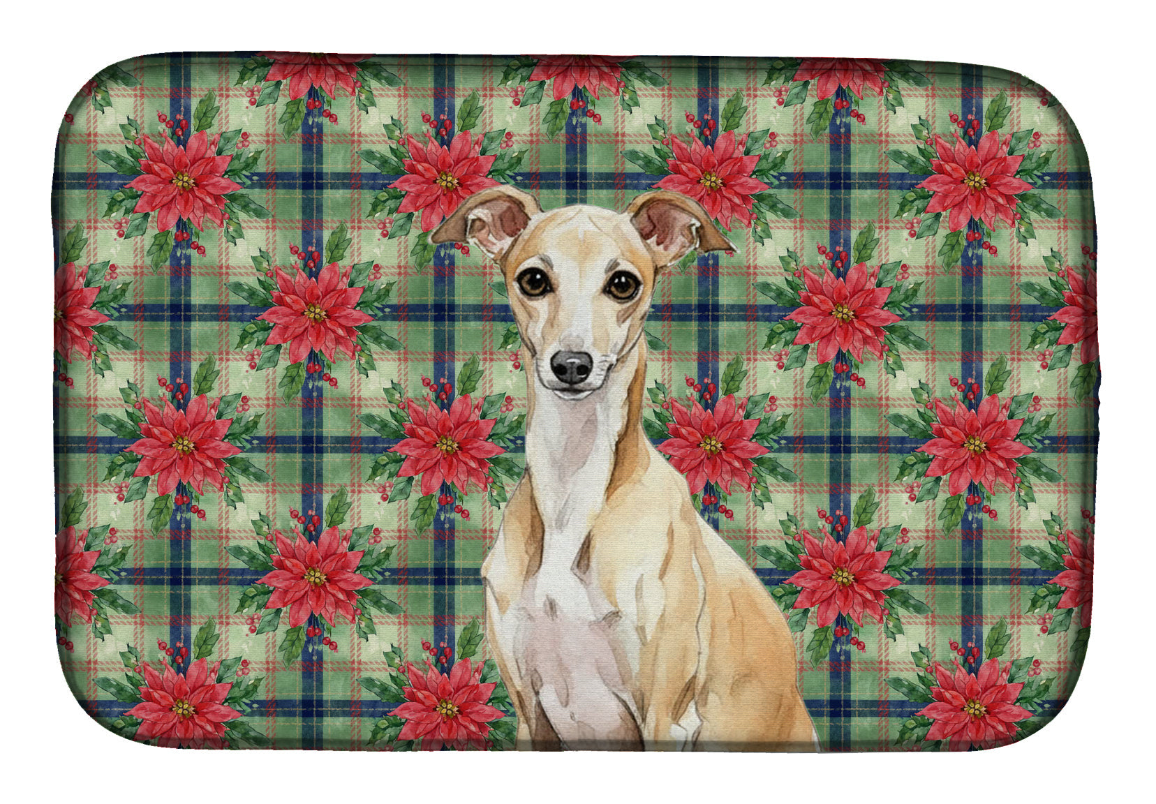 Fawn Italian Greyhound Christmas PoinsettIas Dish Drying Mat Absorbent Dish Drying Mat Pad for Kitchen Counter Dish Drainer Mat for Countertop, 14 x 21", Multicolor