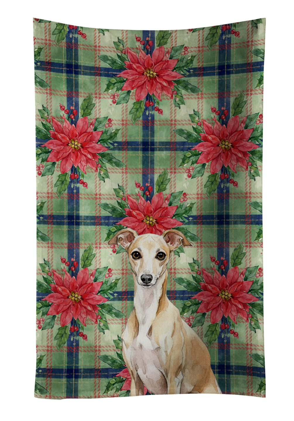 Fawn Italian Greyhound Christmas PoinsettIas Kitchen Towel Velour Plush Front and Cotton Loop Back Machine Washable